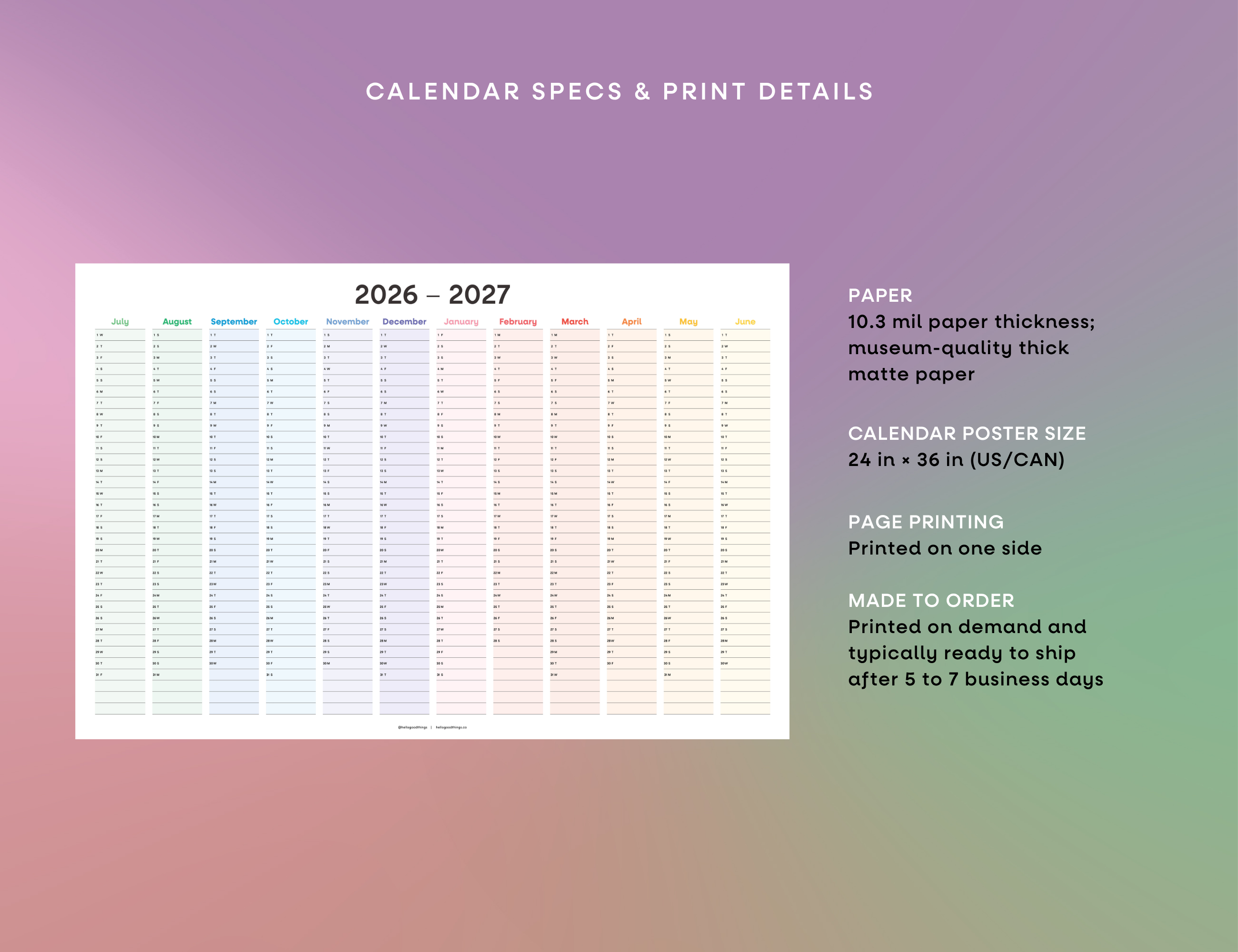 2026-2027 Wall Poster Calendar - Rainbow