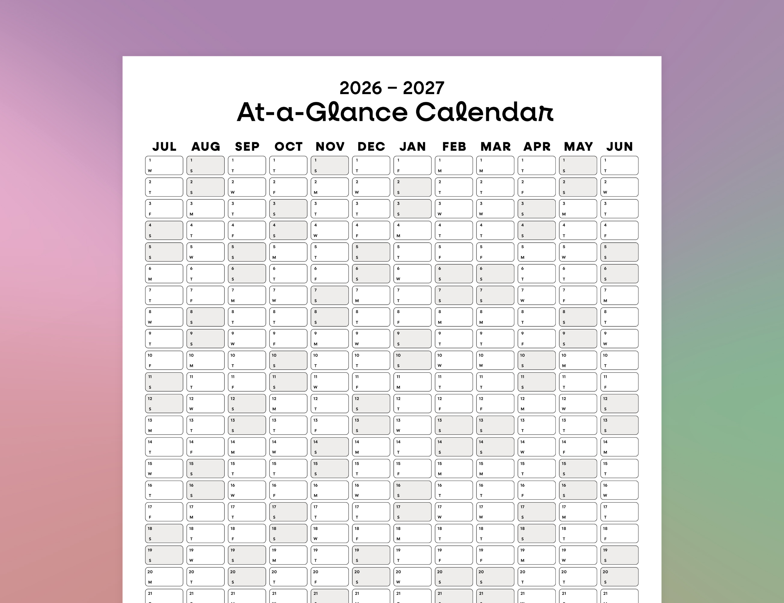 2026-2027 Wall Poster Calendar - At-a-Glance Calendar (Black & White)