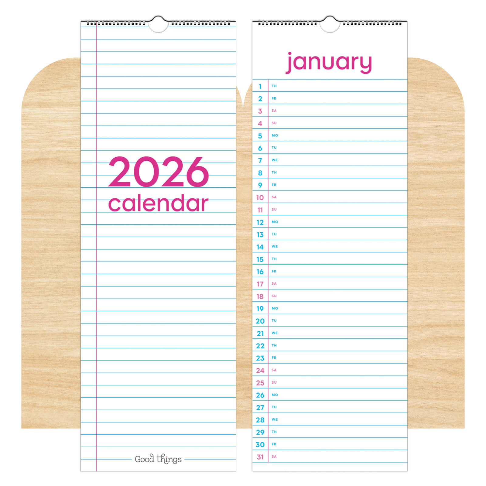 Wide Ruled Notebook, 2026 Tall Calendar (with or without holidays)