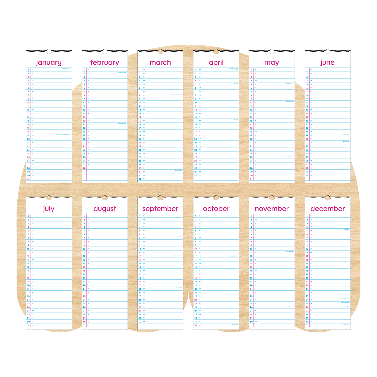 Wide Ruled Notebook, 2026 Tall Calendar (with or without holidays)