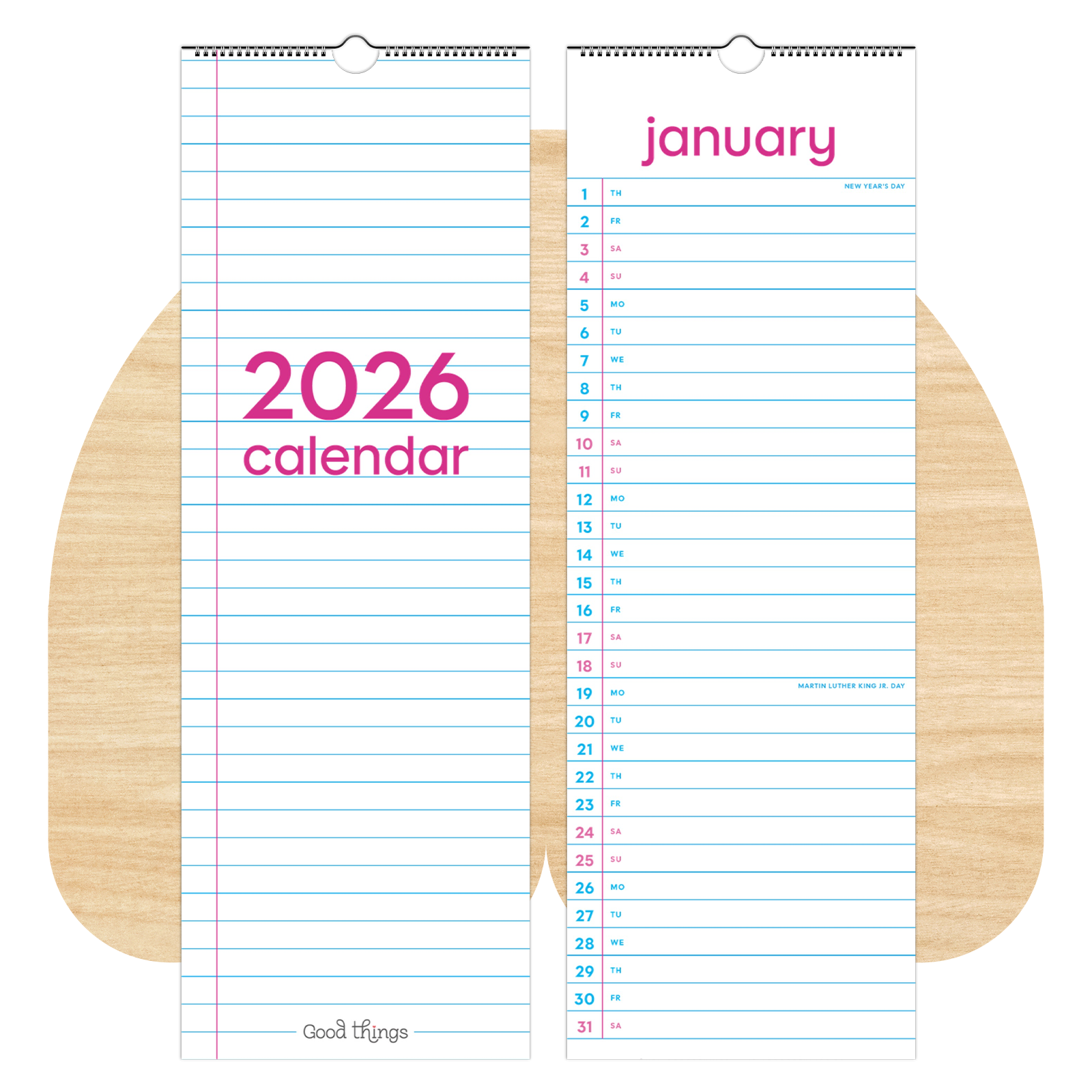 Wide Ruled Notebook, 2026 Tall Calendar (with or without holidays)