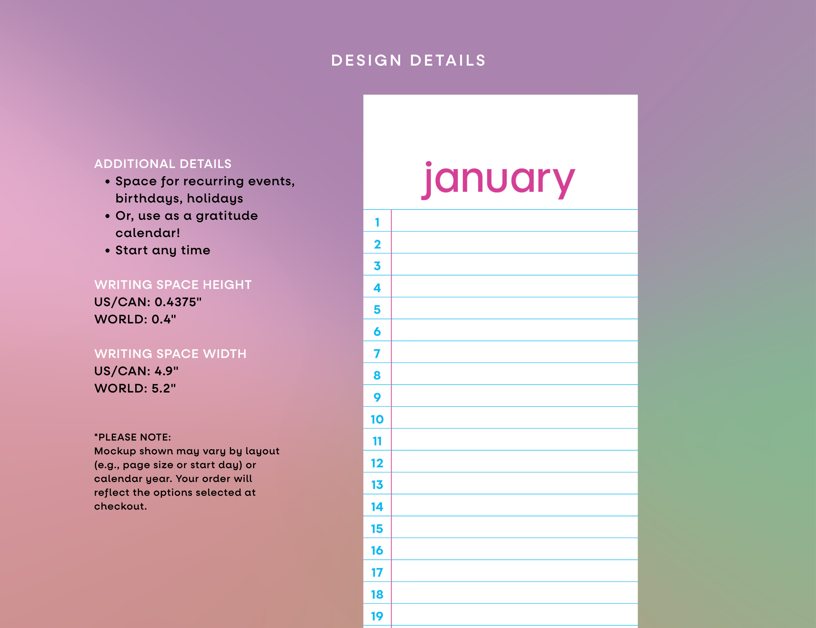 Wide Ruled Perpetual Wall Calendar