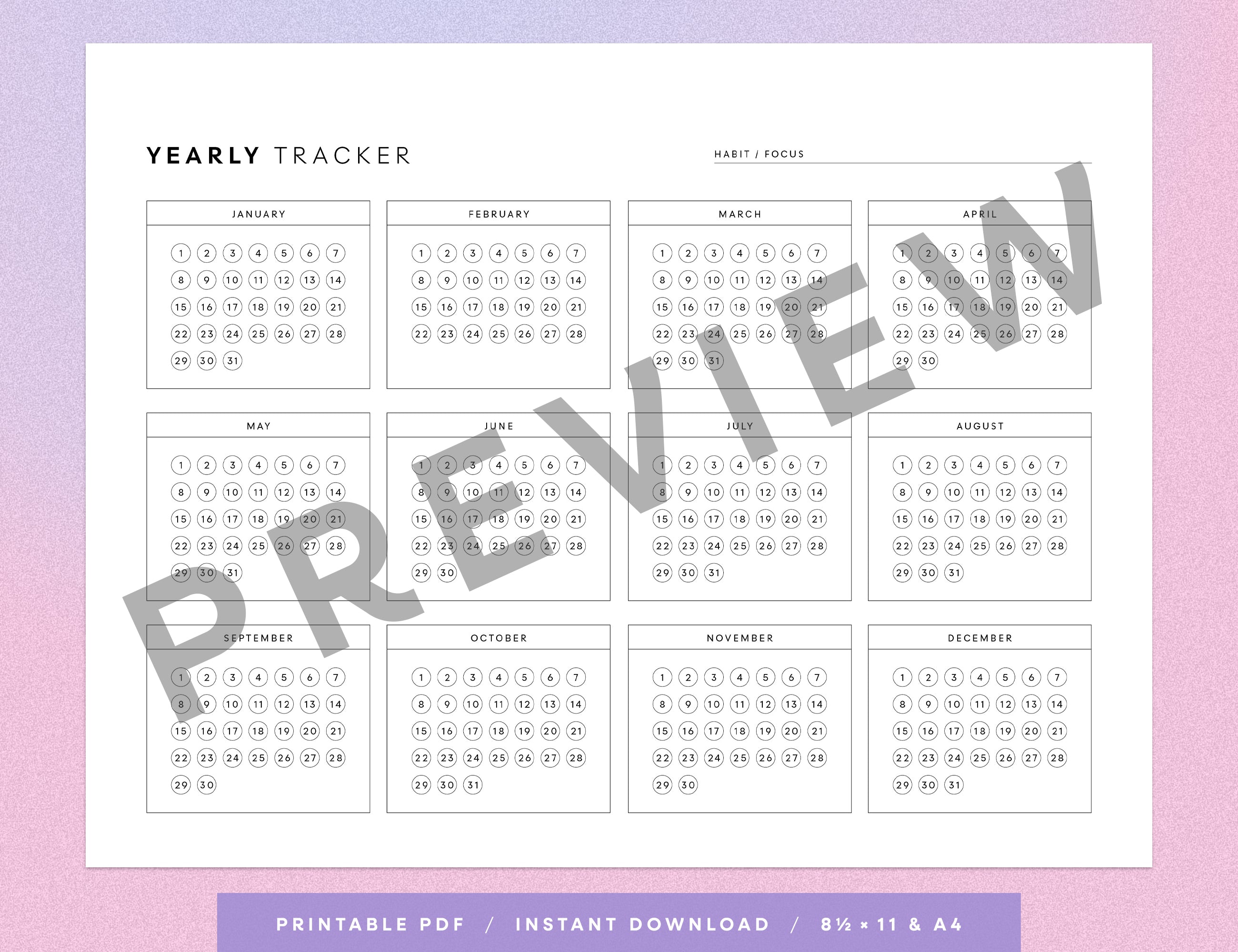 Yearly Habit Tracker Printable (Letter, A4)