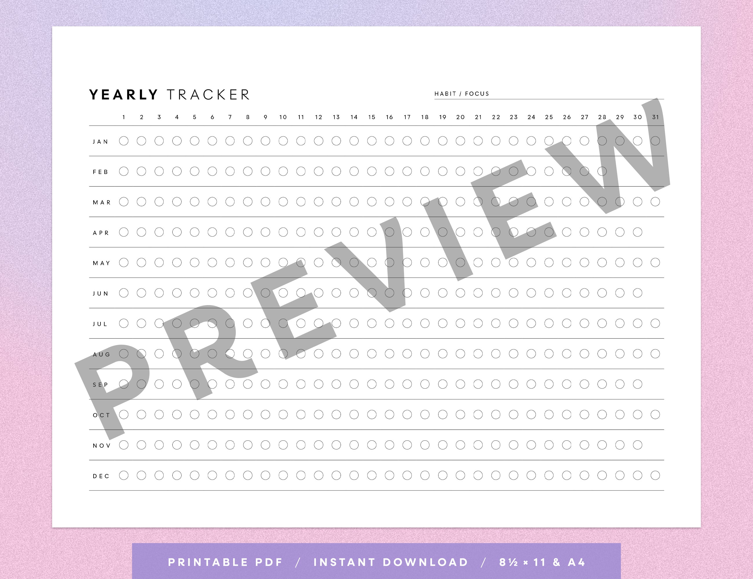 Yearly Habit Tracker Printable (Letter, A4)