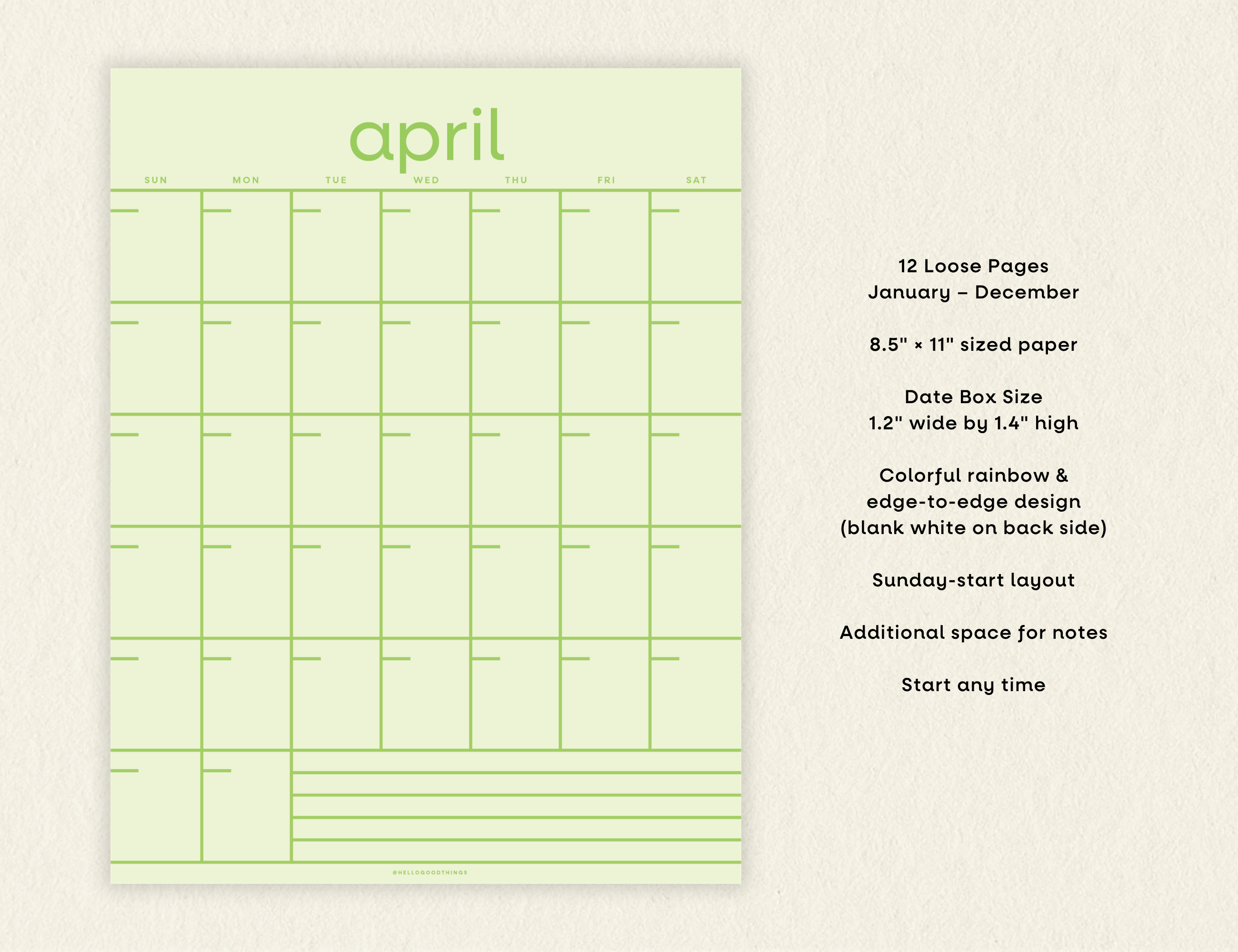 Rainbow Grid Undated Calendar Pages