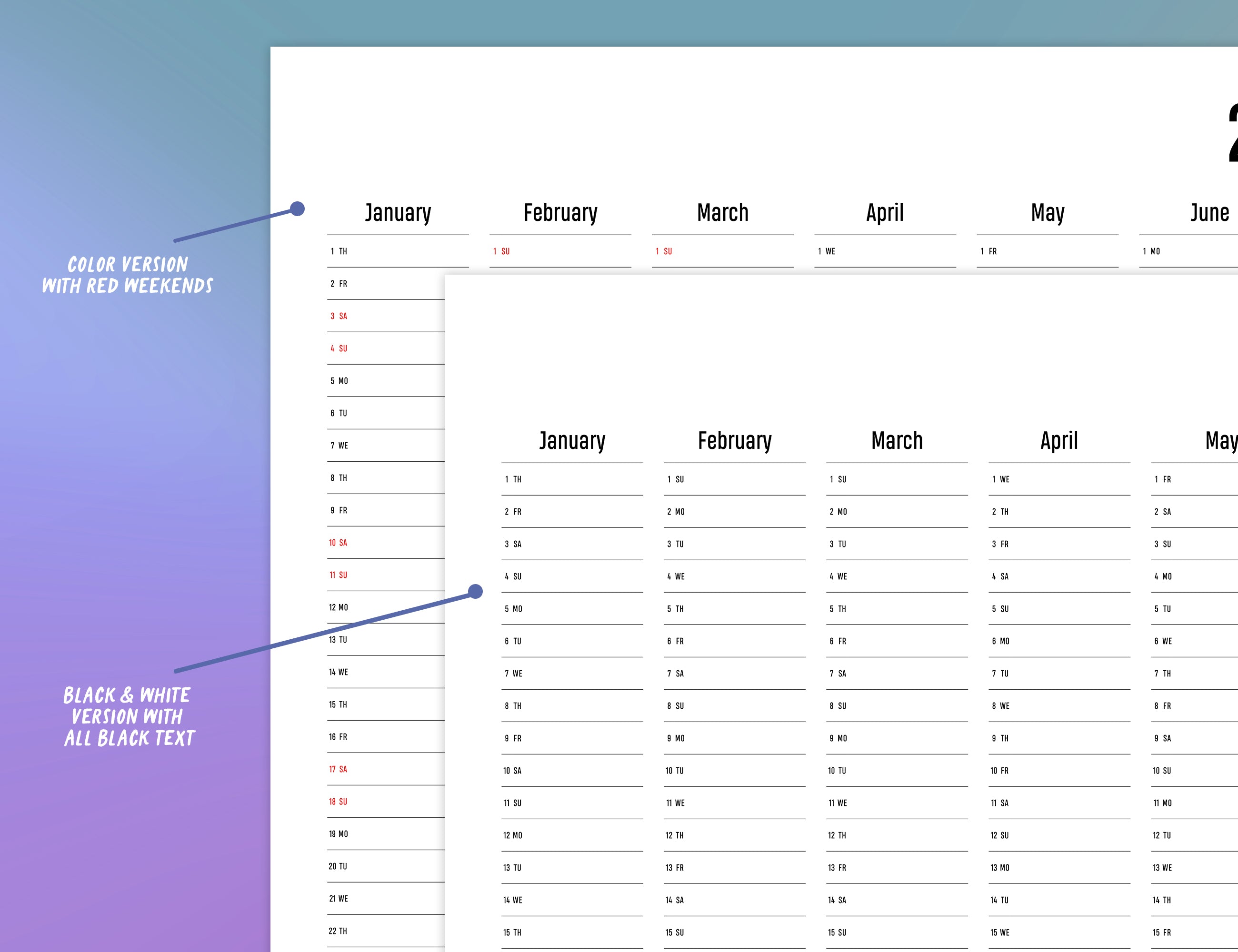 2026 Poster Calendar Printable (36x24, 24x18, 17x11)