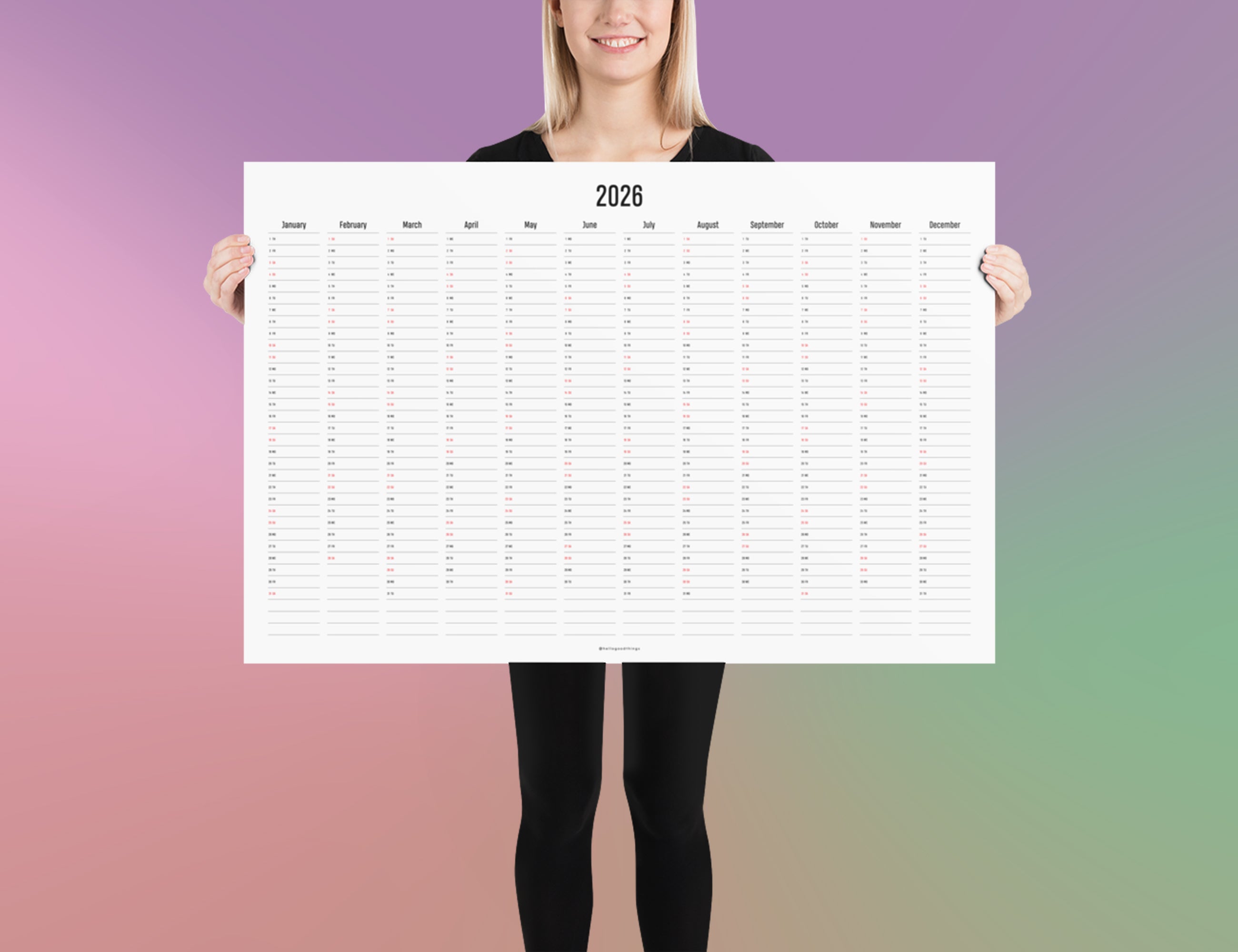 2026 Poster Calendar Printable (36x24, 24x18, 17x11)