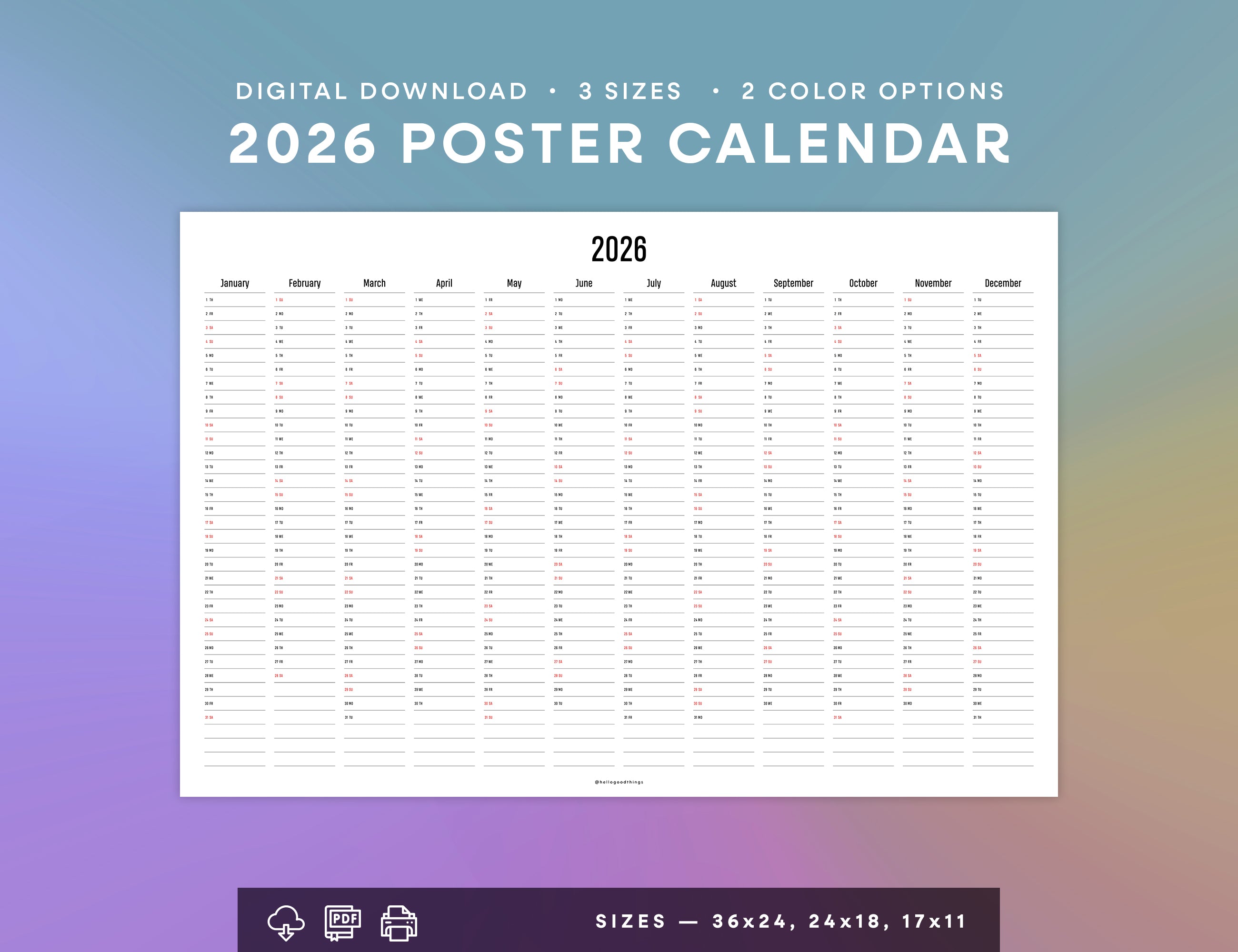 2026 Poster Calendar Printable (36x24, 24x18, 17x11)