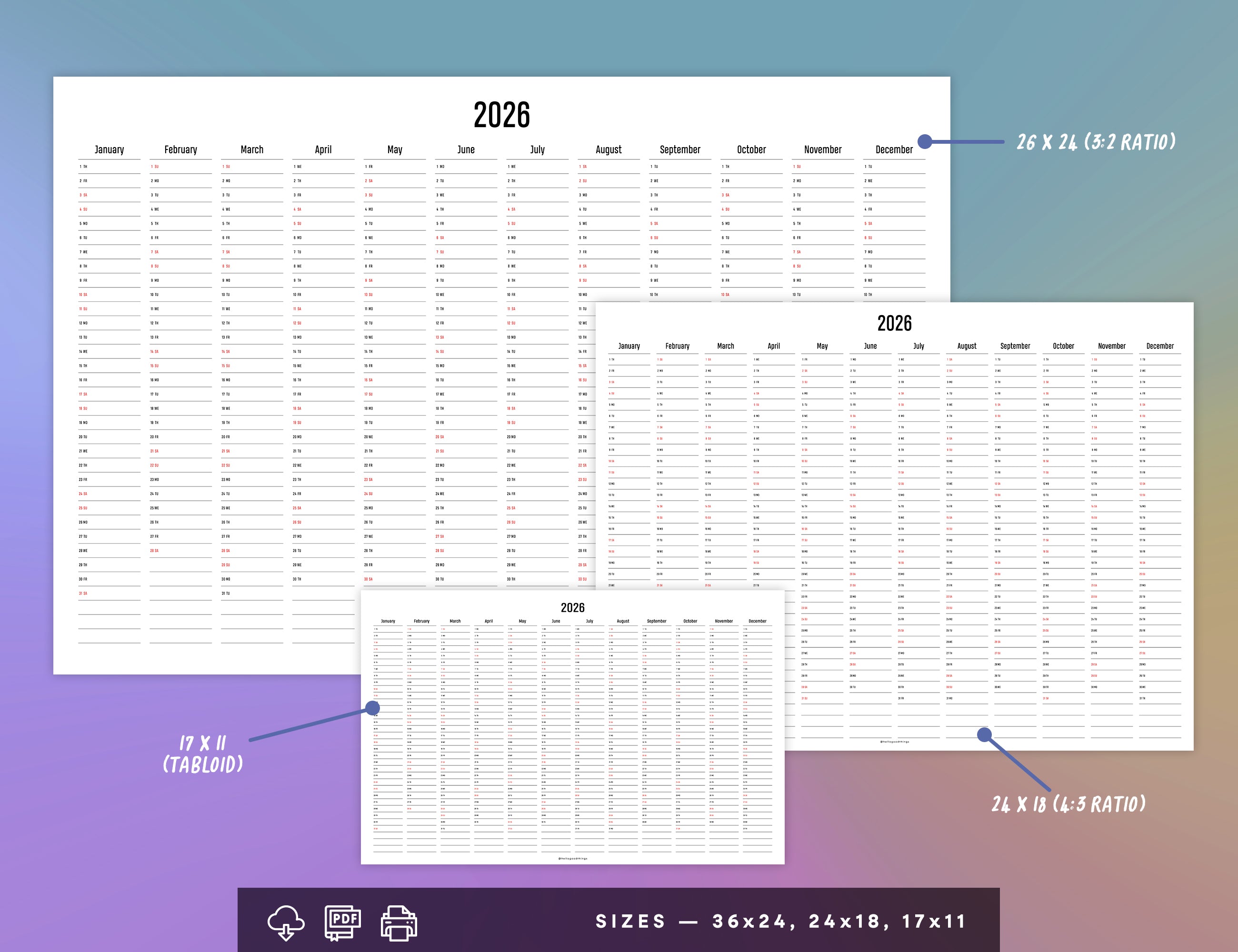 2026 Poster Calendar Printable (36x24, 24x18, 17x11)
