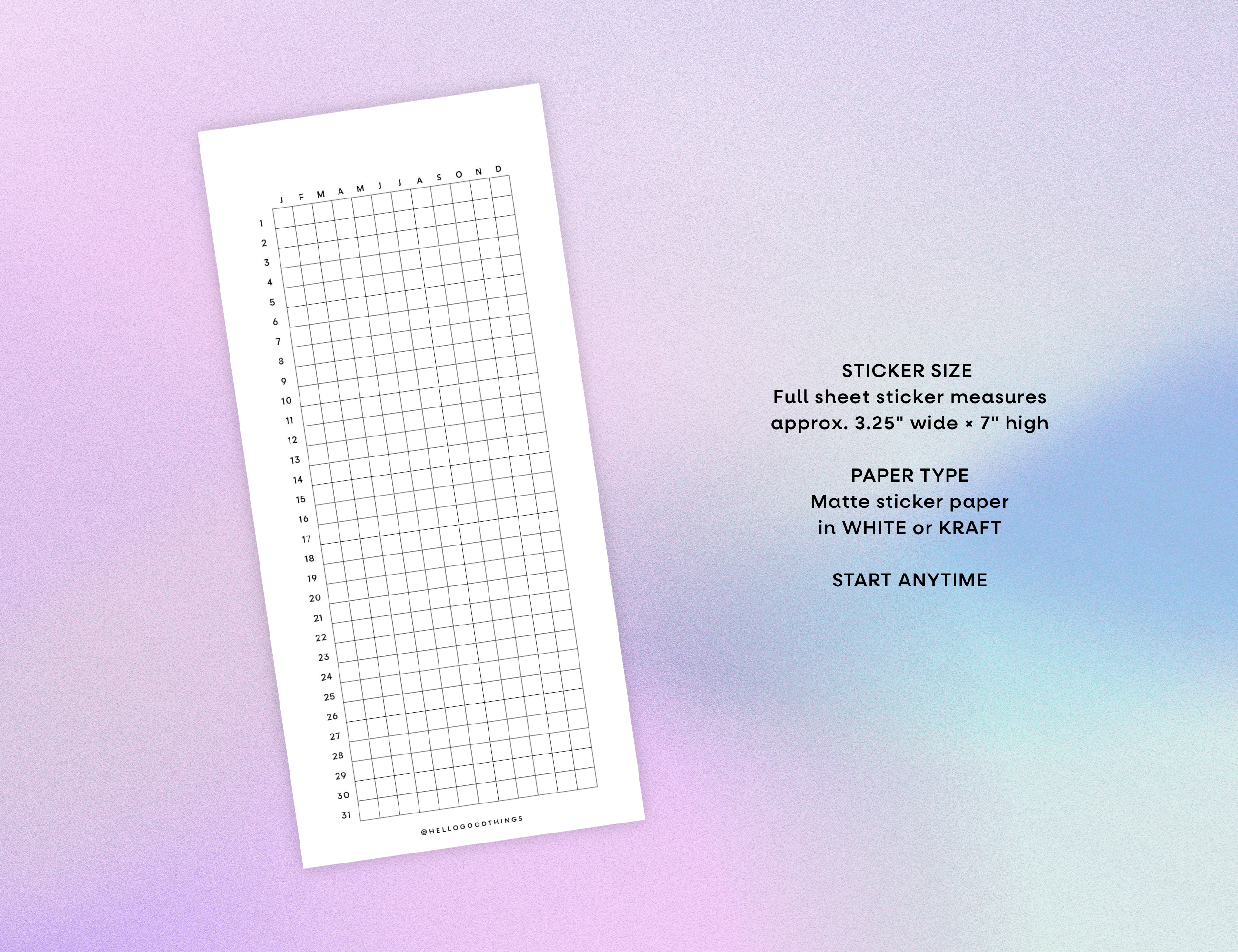 Year Tracker Sticker, Slim, Vertical Grid
