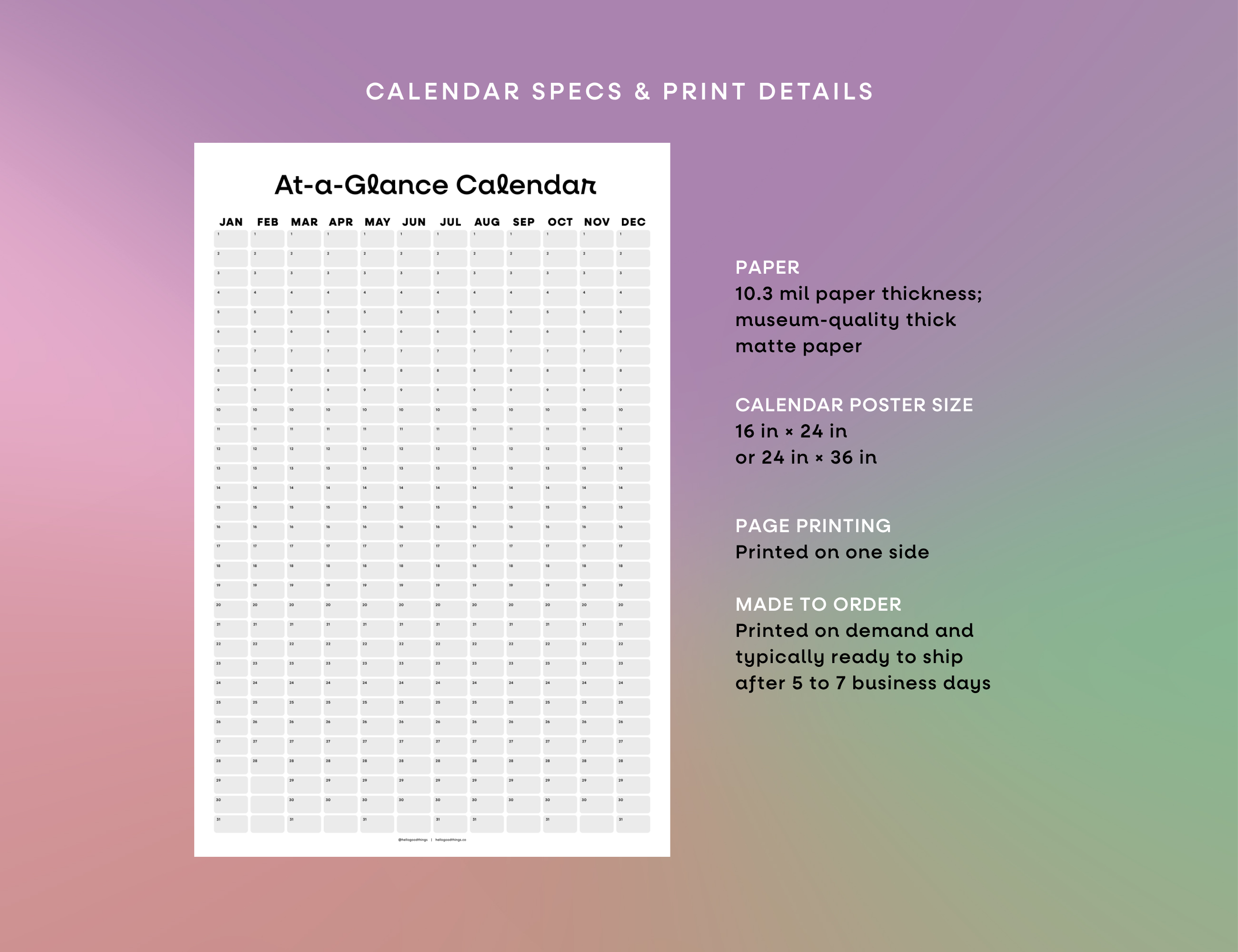 Undated Wall Poster Calendar - At-a-Glance Calendar (Black & White)