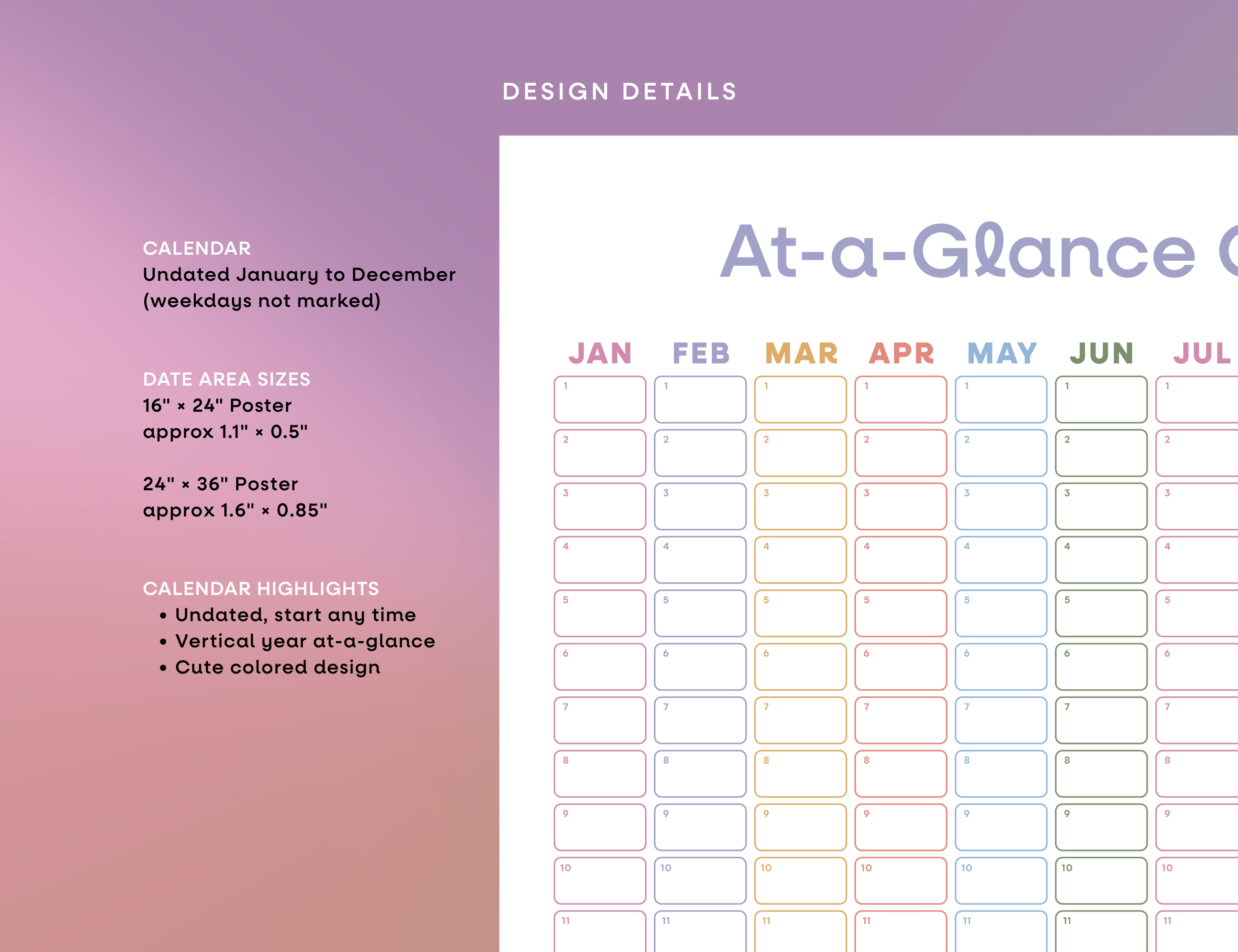 Undated Wall Poster Calendar - At-a-Glance Calendar (Colorful)