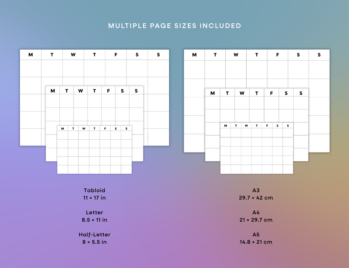 Undated Month or Week Printable, Monday-start (6 sizes)