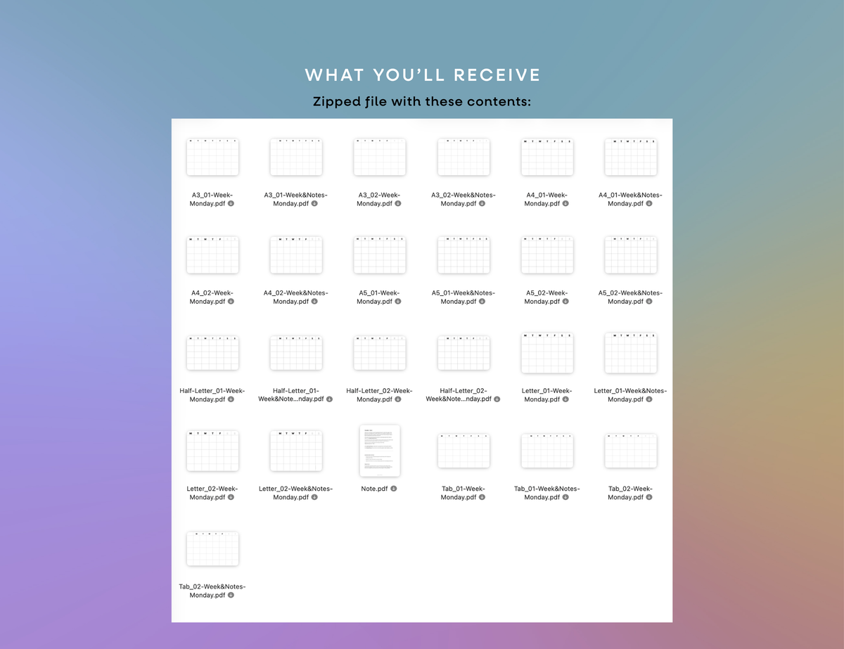 Undated Month or Week Printable, Monday-start (6 sizes)