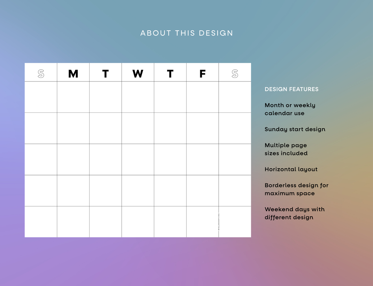 Undated Month or Week Printable, Sunday-start (6 sizes)