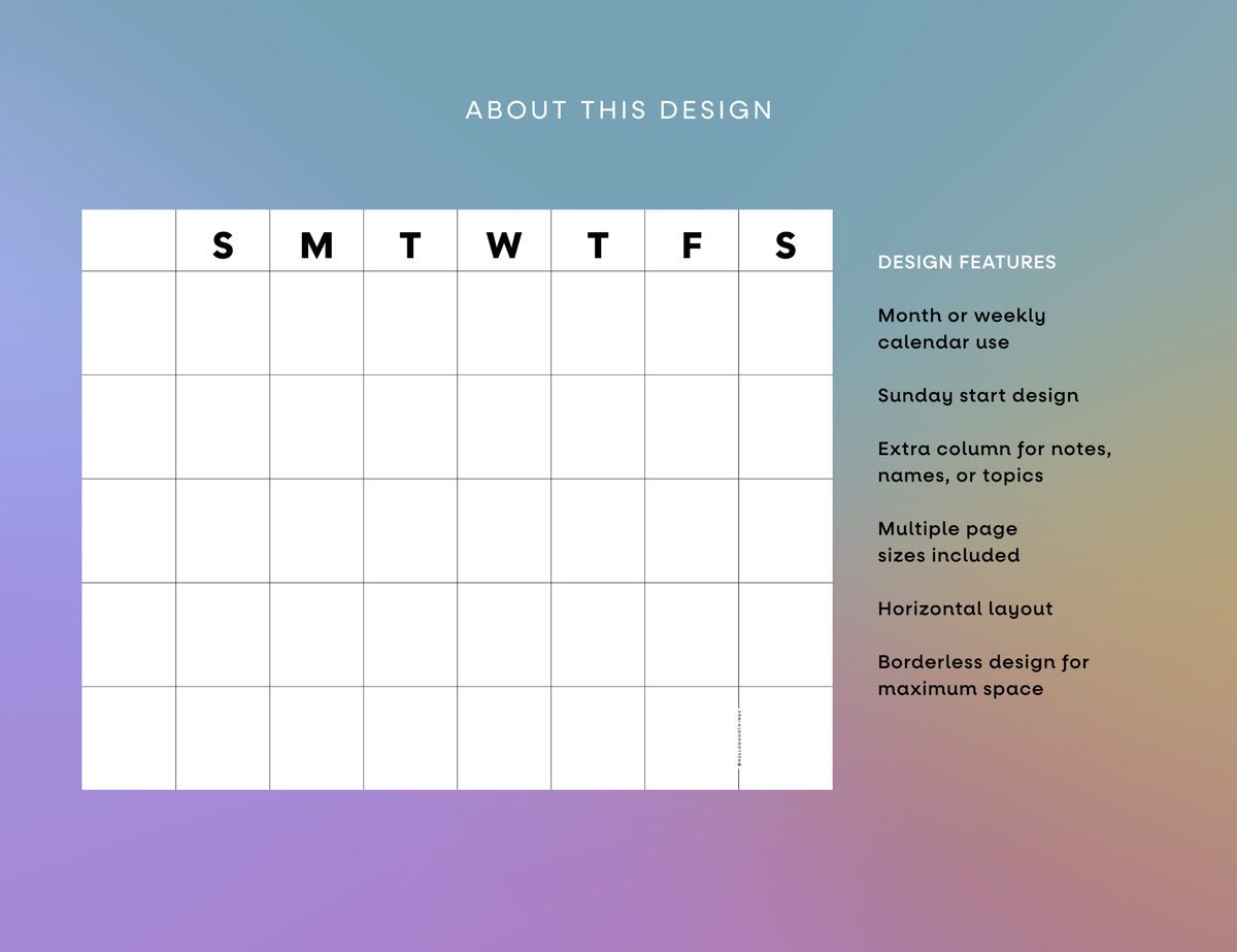 Undated Month or Week Printable, Sunday-start (6 sizes)