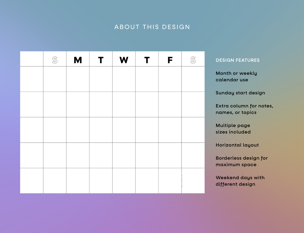 Undated Month or Week Printable, Sunday-start (6 sizes)