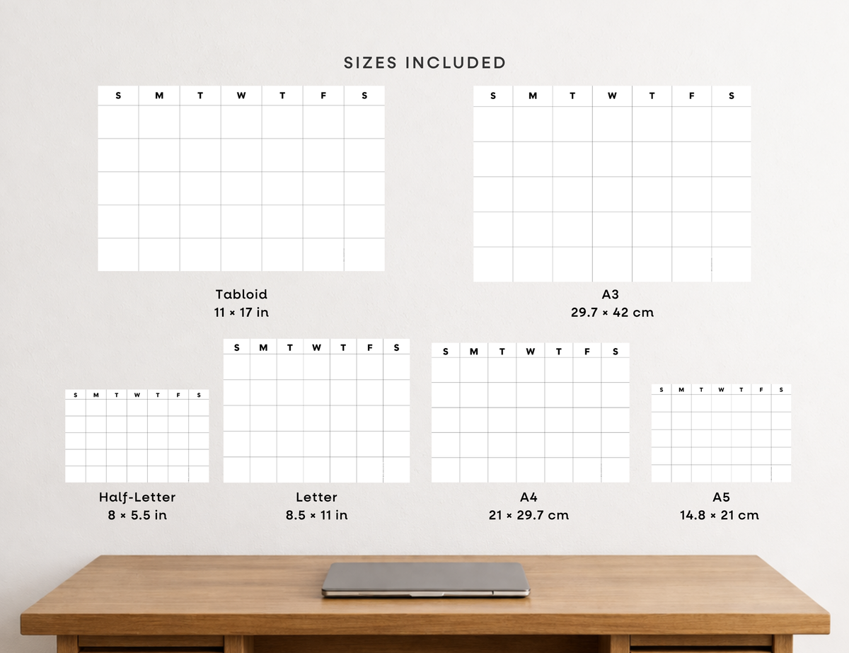 Undated Month or Week Printable, Sunday-start (6 sizes)