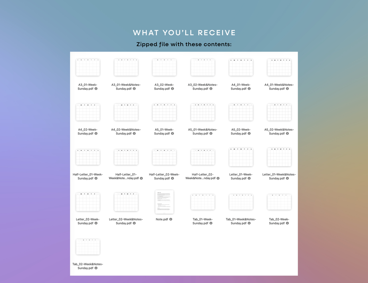 Undated Month or Week Printable, Sunday-start (6 sizes)