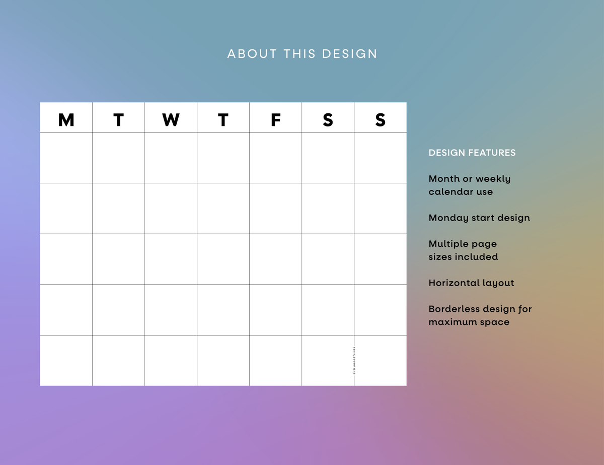 Undated Month or Week Printable, Monday-start (6 sizes)