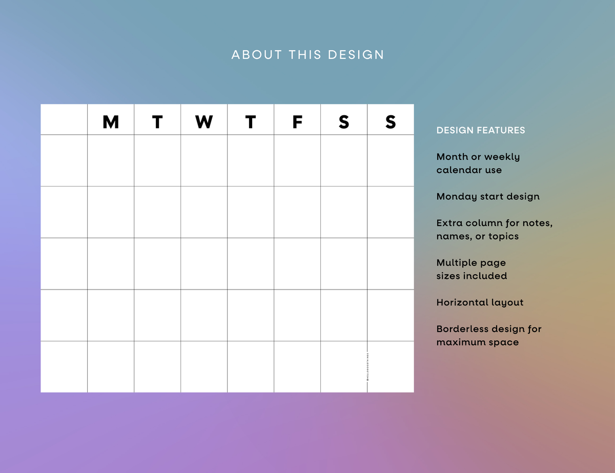 Undated Month or Week Printable, Monday-start (6 sizes)