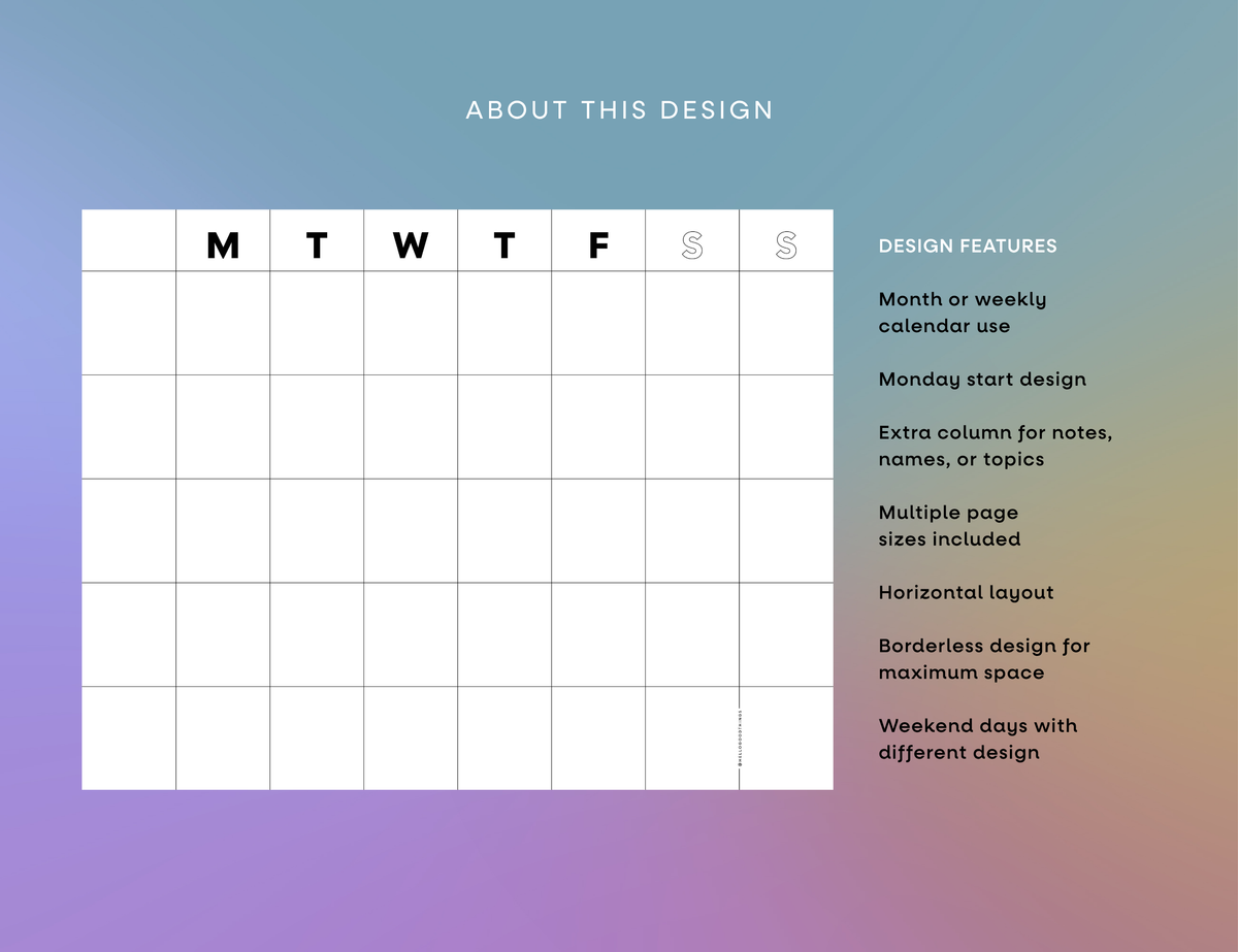 Undated Month or Week Printable, Monday-start (6 sizes)
