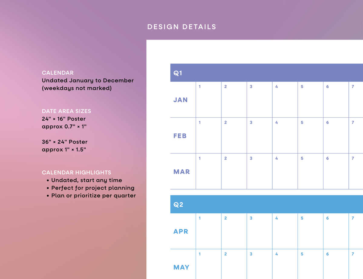 Undated Wall Poster Calendar - Quarterly Planner