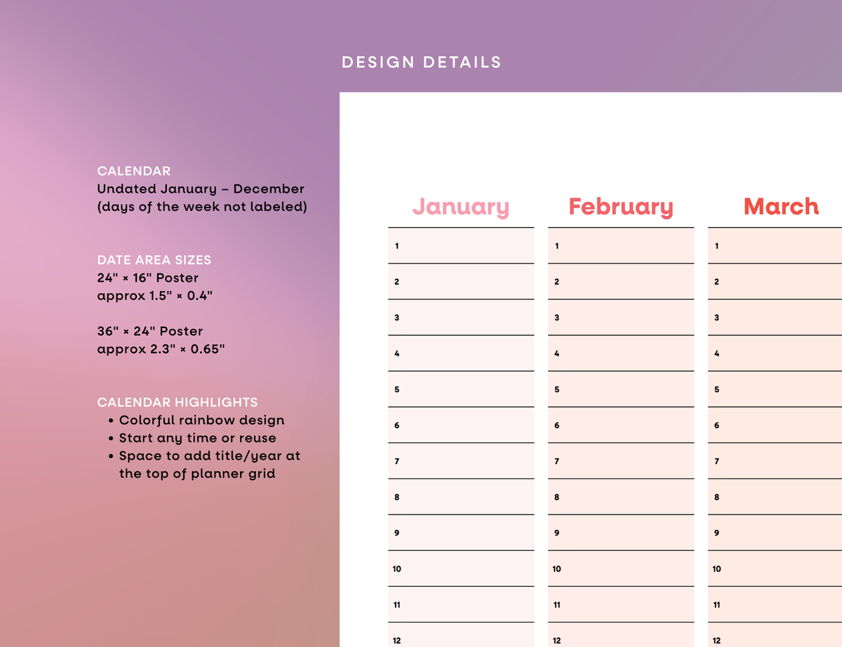 Undated Wall Poster Calendar - Rainbow Year Planner
