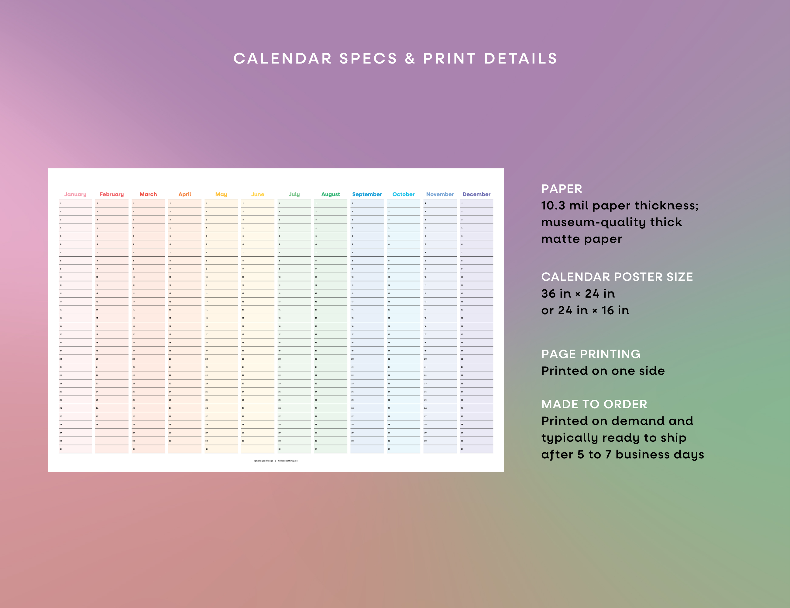 Undated Wall Poster Calendar - Rainbow Year Planner