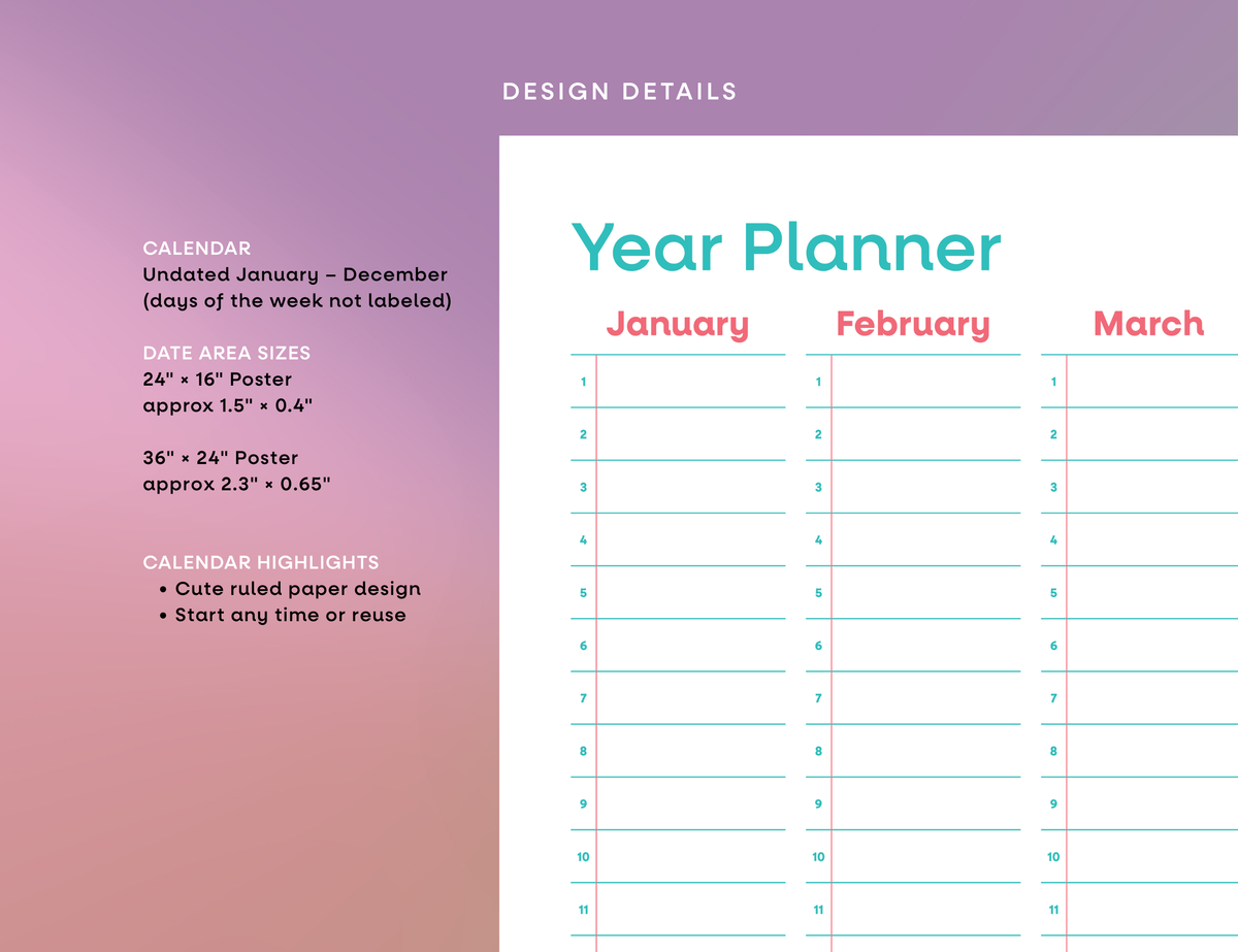 Undated Wall Poster Calendar - Year Planner