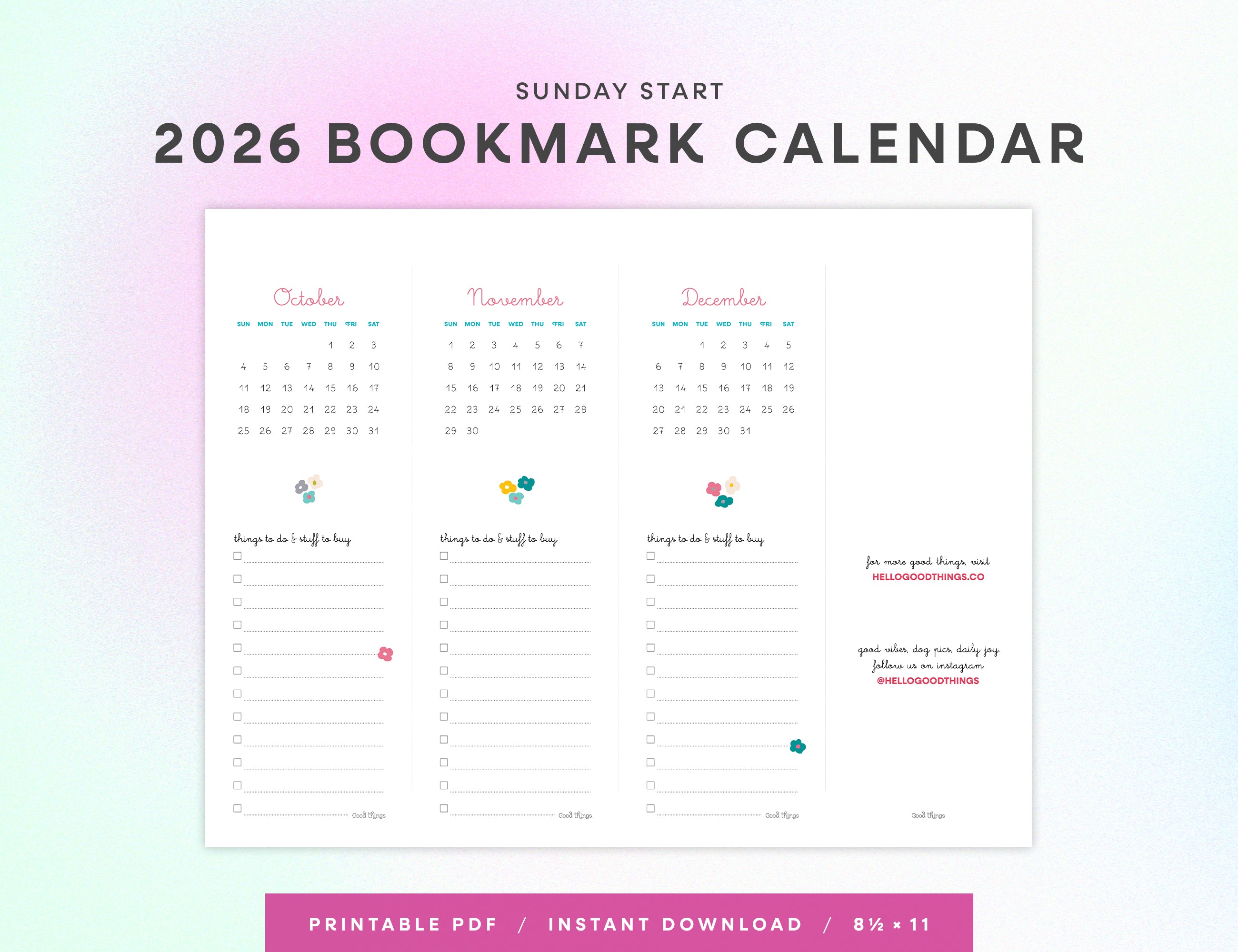 2026 Bookmark Calendar Printable (Letter)