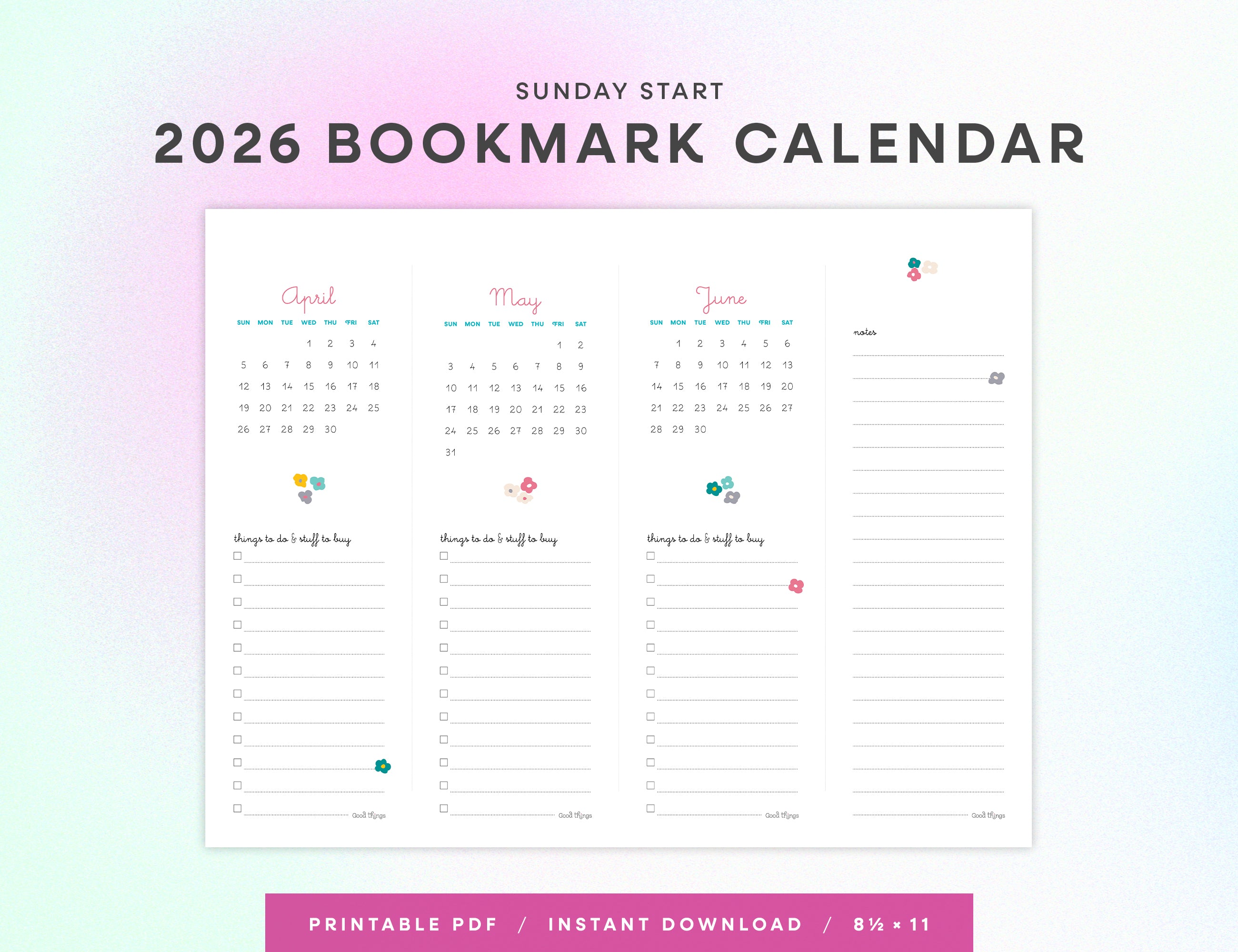 2026 Bookmark Calendar Printable (Letter)