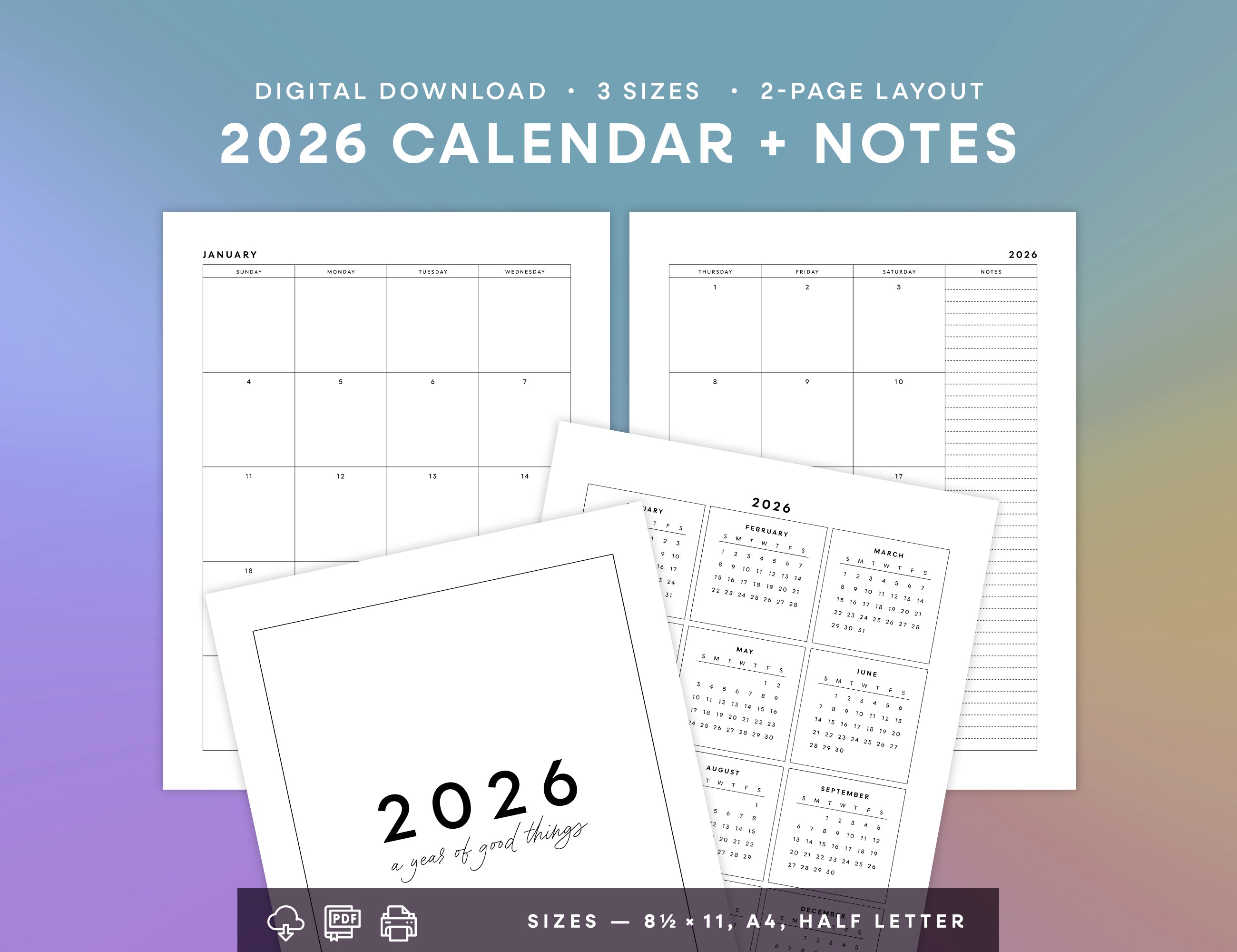 2026 Calendar & Notes Printable (Letter, A4, Half Letter)