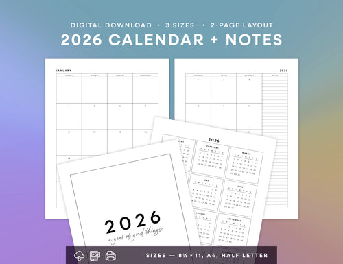 2026 Calendar & Notes Printable (Letter, A4, Half Letter)