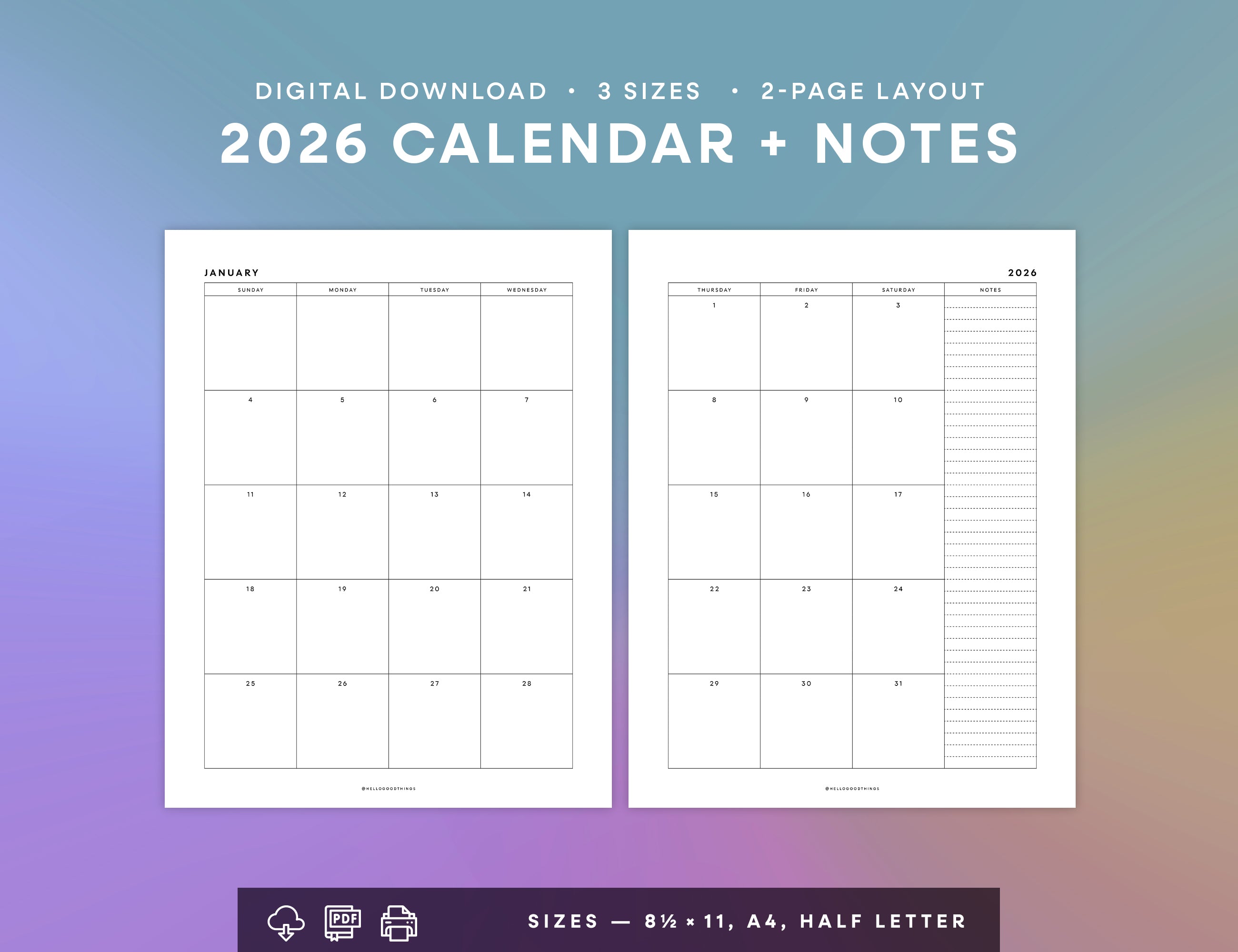 2026 Calendar & Notes Printable (Letter, A4, Half Letter)
