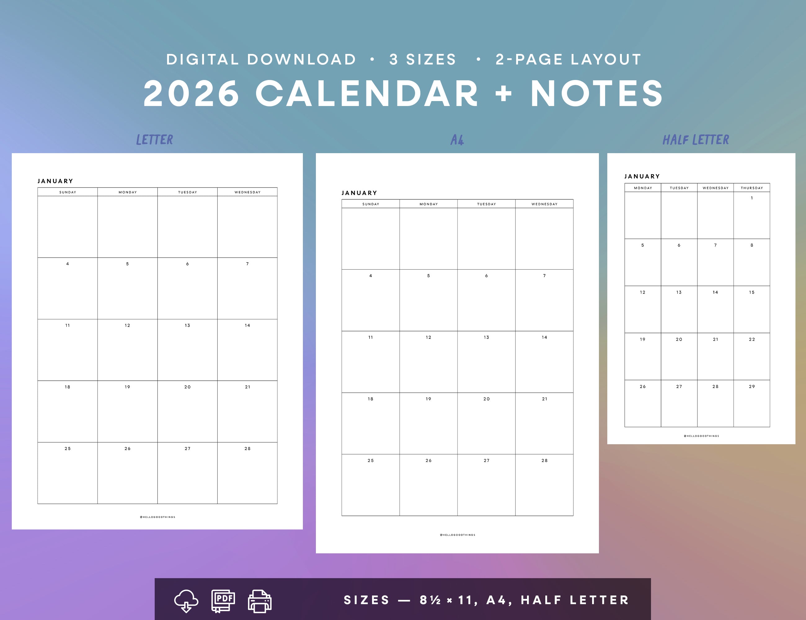 2026 Calendar & Notes Printable (Letter, A4, Half Letter)