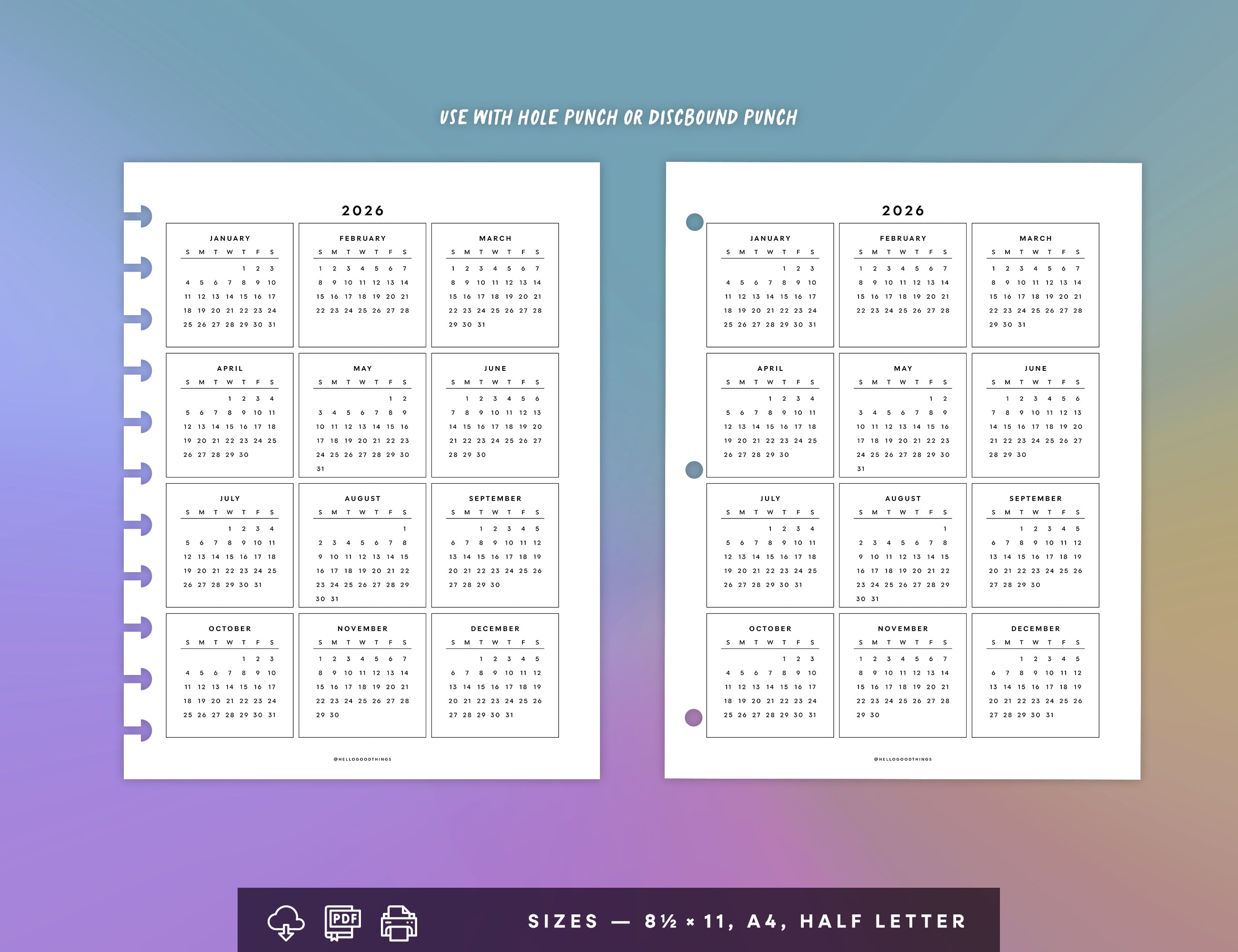 2026 Calendar & Notes Printable (Letter, A4, Half Letter)