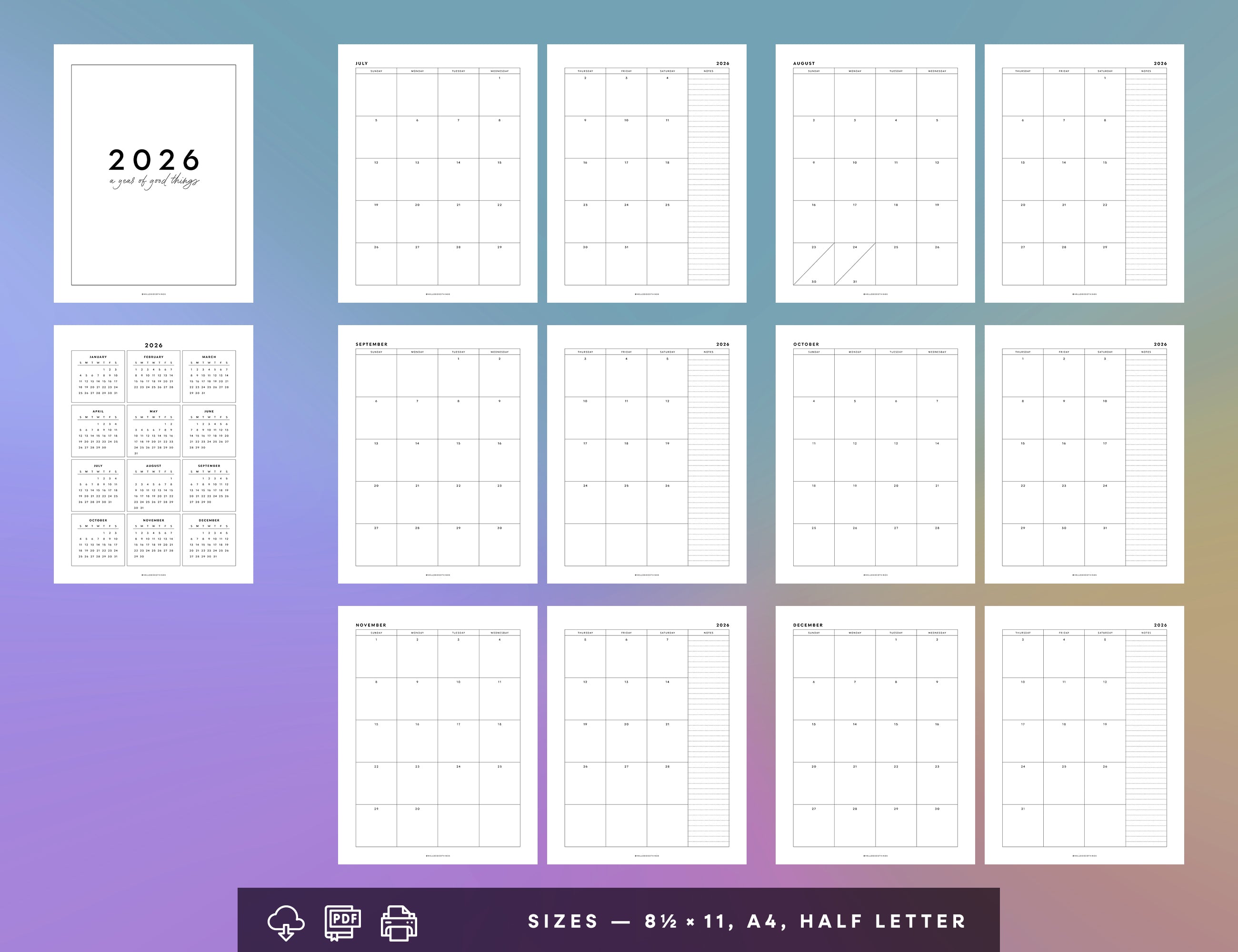 2026 Calendar & Notes Printable (Letter, A4, Half Letter)