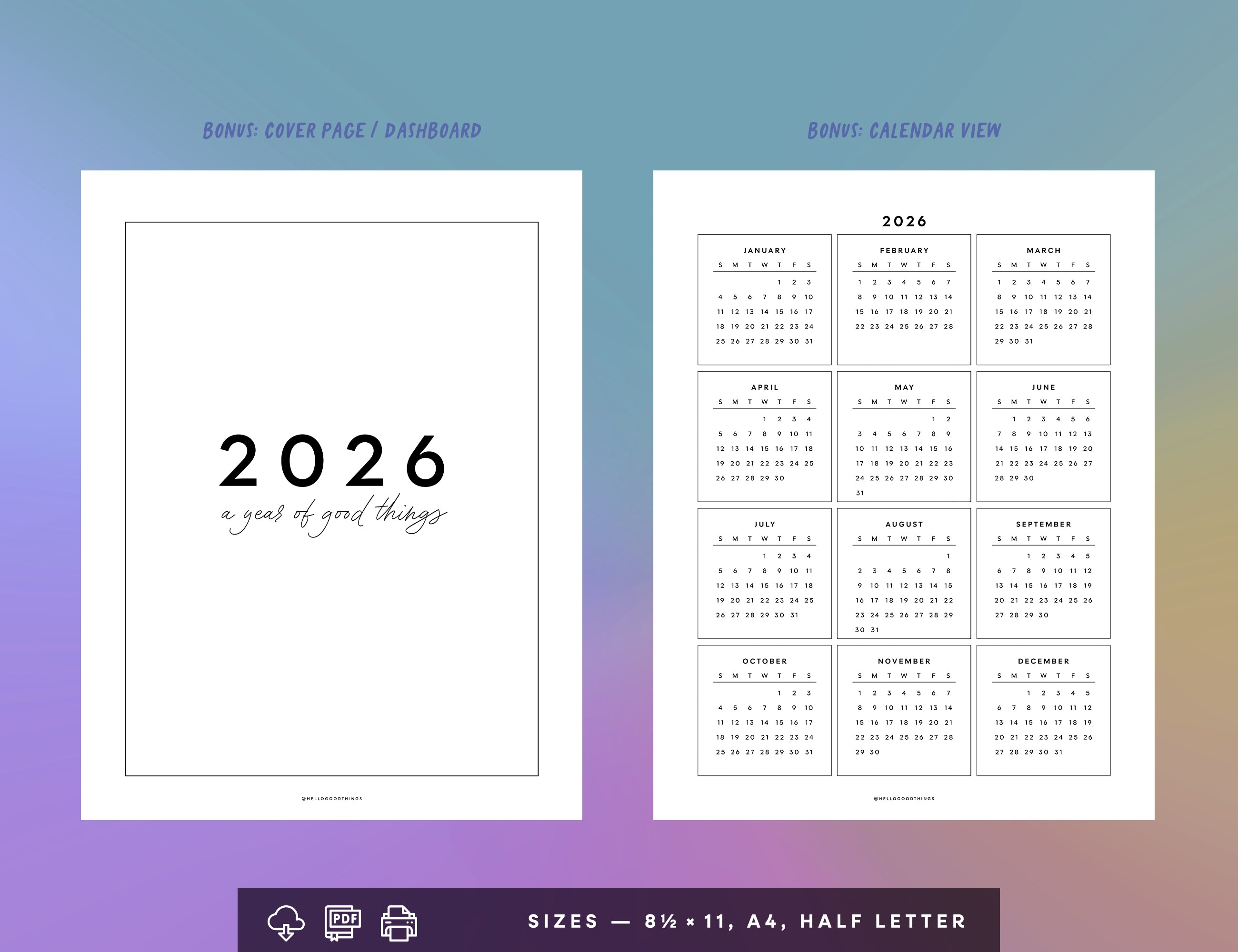 2026 Calendar & Notes Printable (Letter, A4, Half Letter)