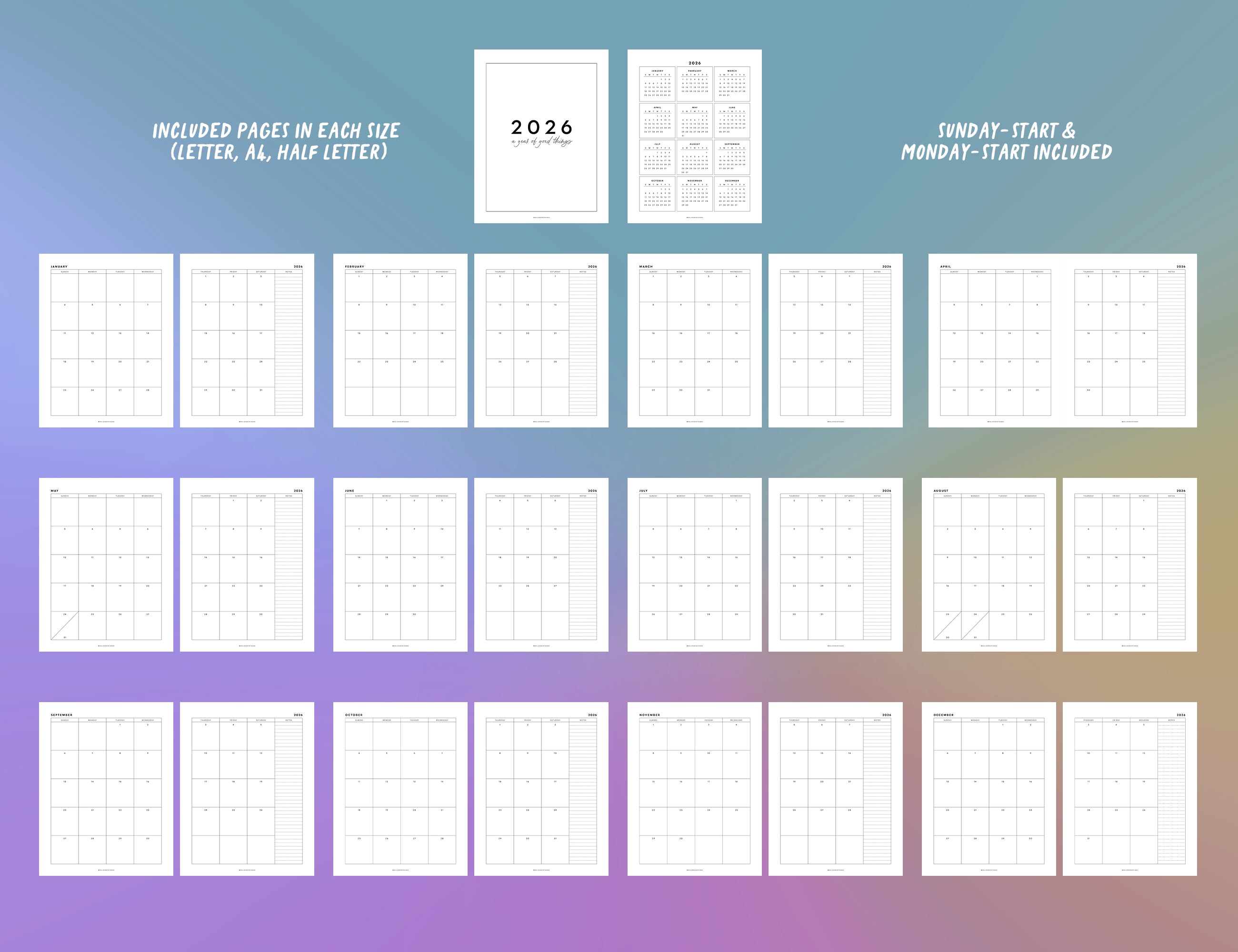 2026 Calendar & Notes Printable (Letter, A4, Half Letter)