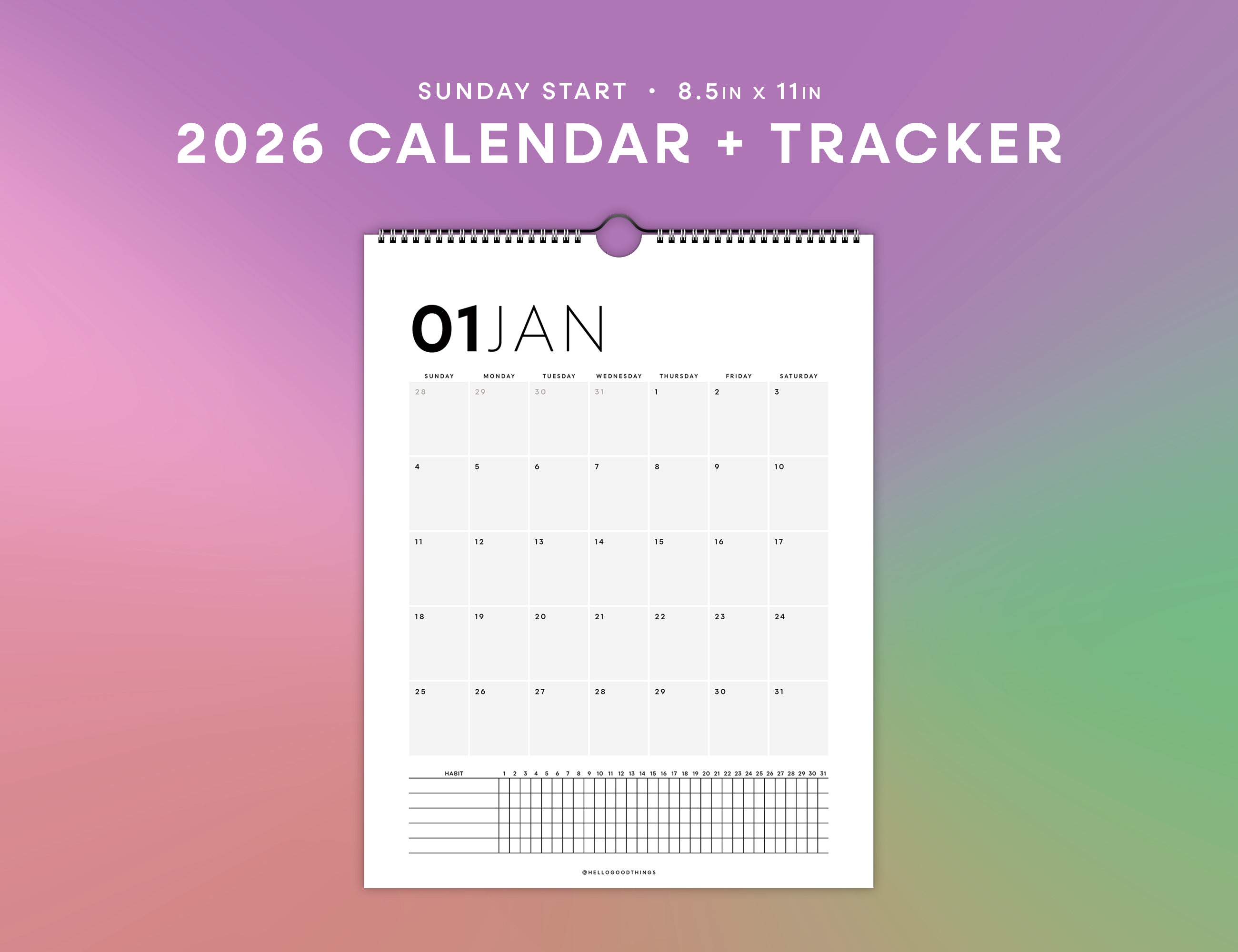 2026 Wall Calendar with Habit Tracker