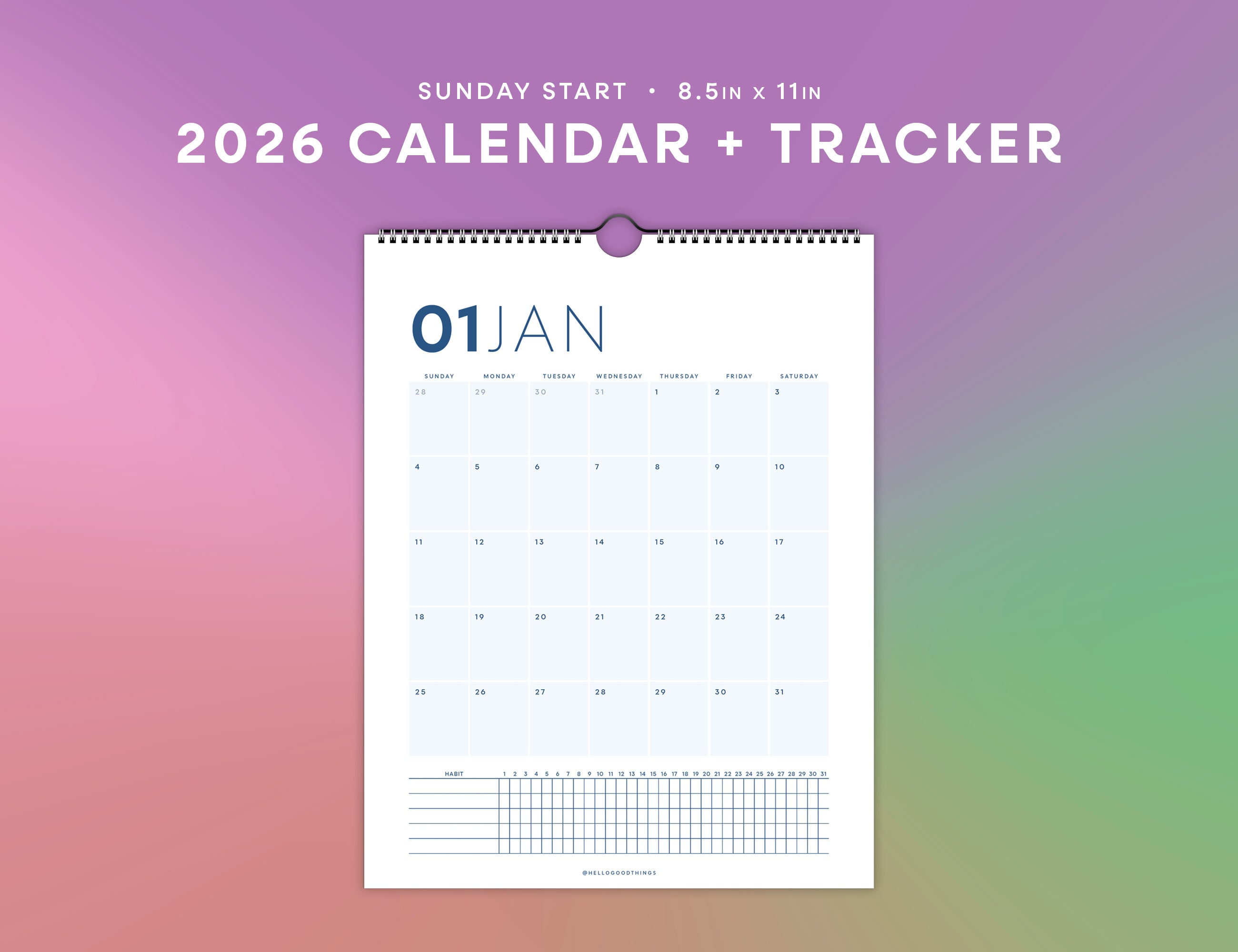 2026 Wall Calendar with Habit Tracker