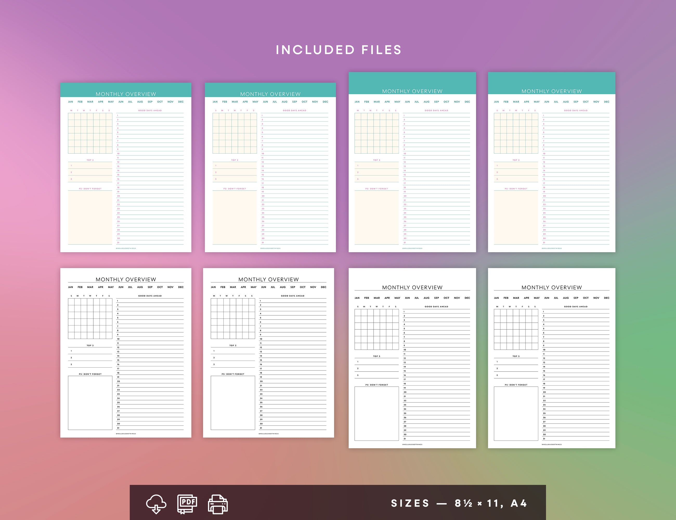 Monthly Overview Printable (Letter, A4)