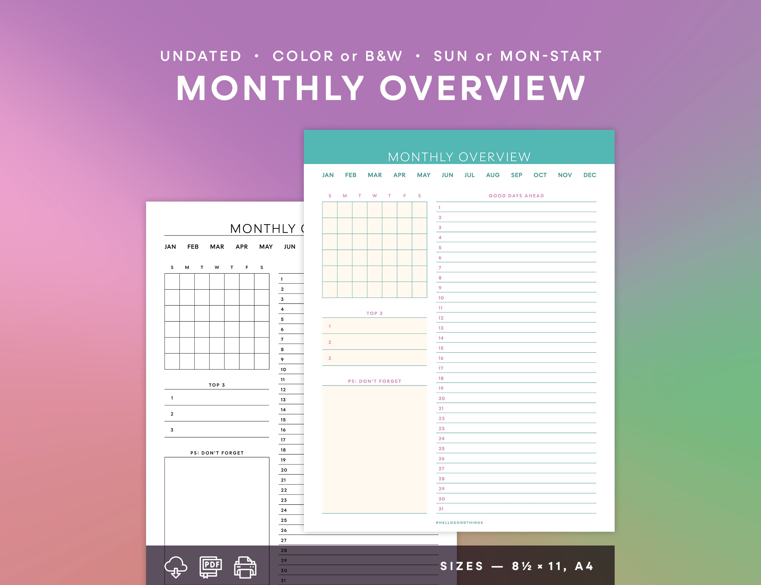 Monthly Overview Printable (Letter, A4)