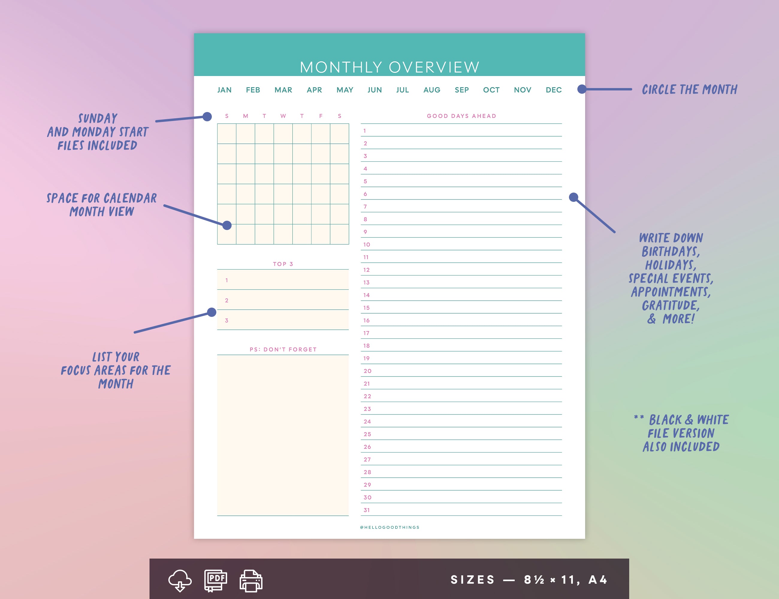 Monthly Overview Printable (Letter, A4)