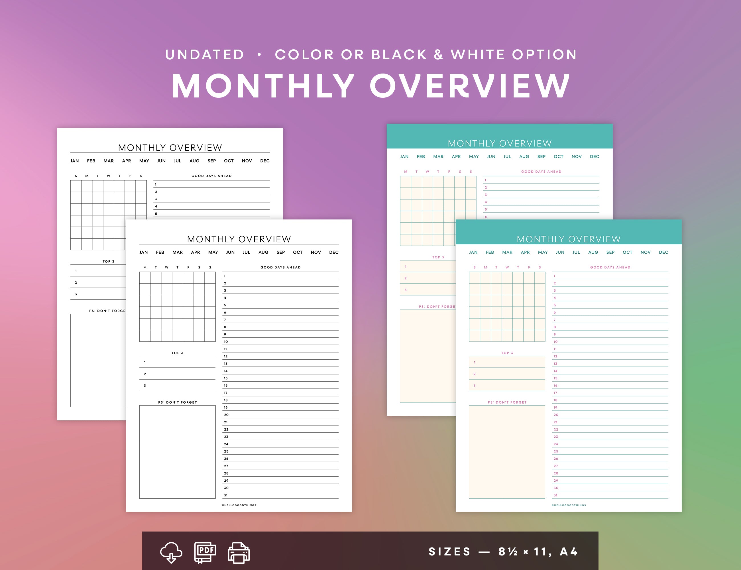 Monthly Overview Printable (Letter, A4)